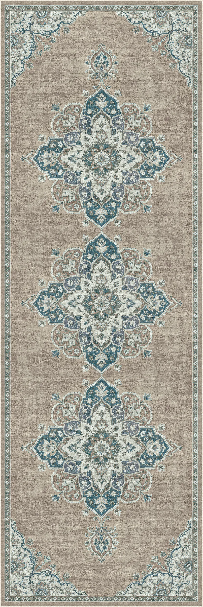 A rectangular area rug with a traditional medallion pattern in beige, teal blue, and off-white, shown flat against a white background.