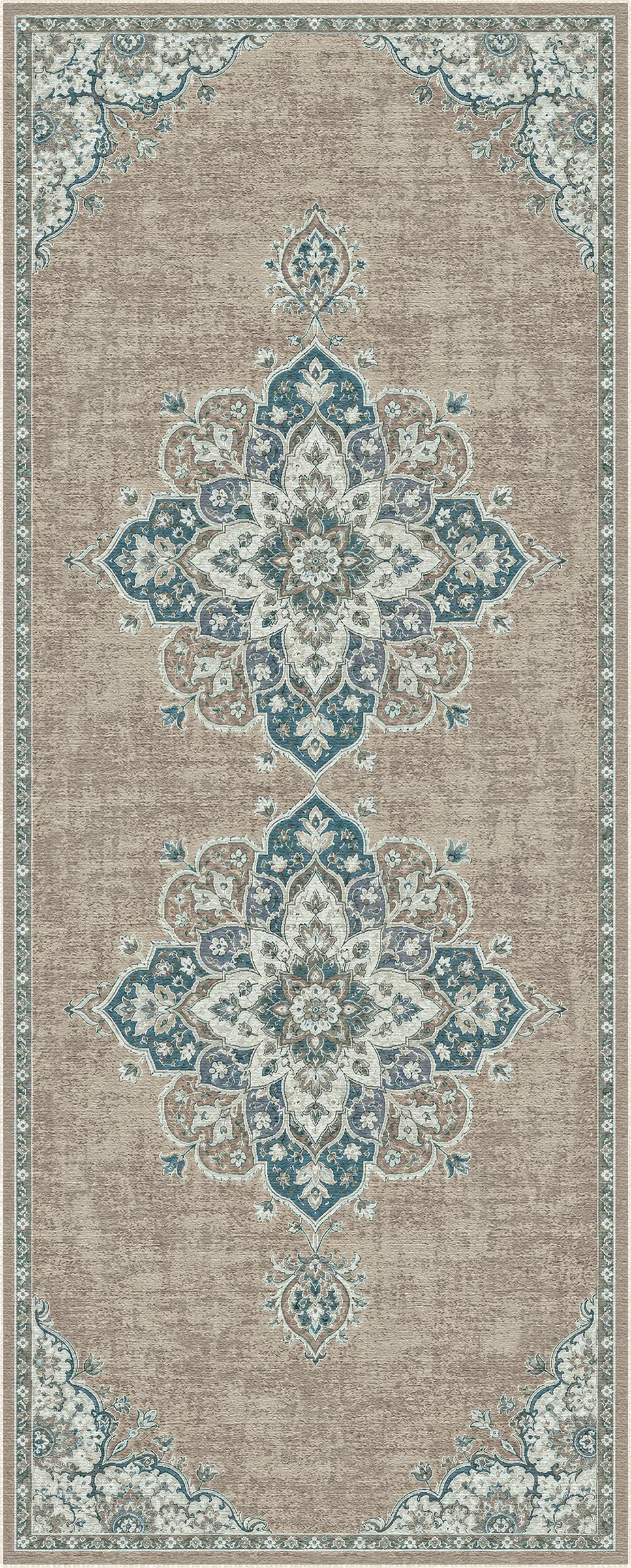 A rectangular area rug with a distressed traditional medallion pattern in beige, teal blue, and off-white, shown flat against a white background.