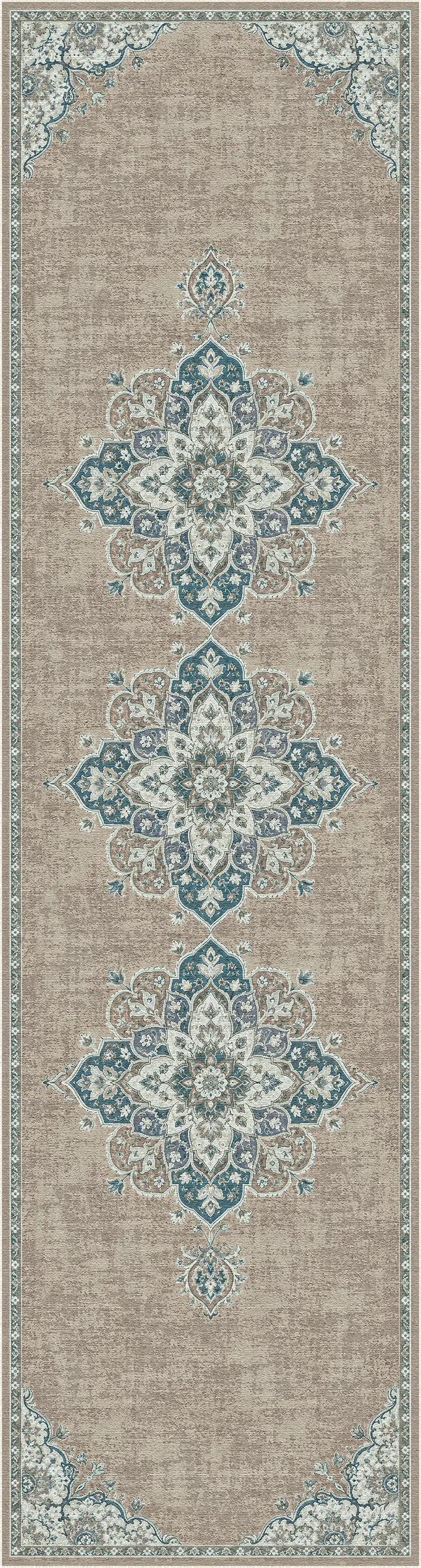 A rectangular area rug with a traditional medallion pattern in beige, teal blue, and off-white, shown flat against a white background.