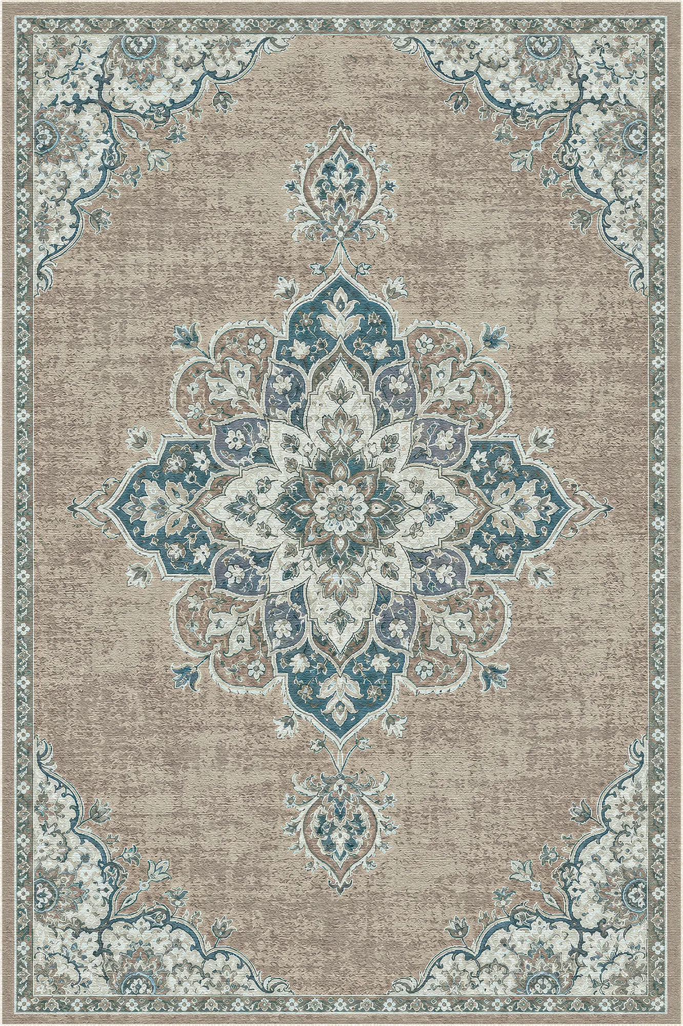 beige area rug with blue and rust floral medallion and border pattern