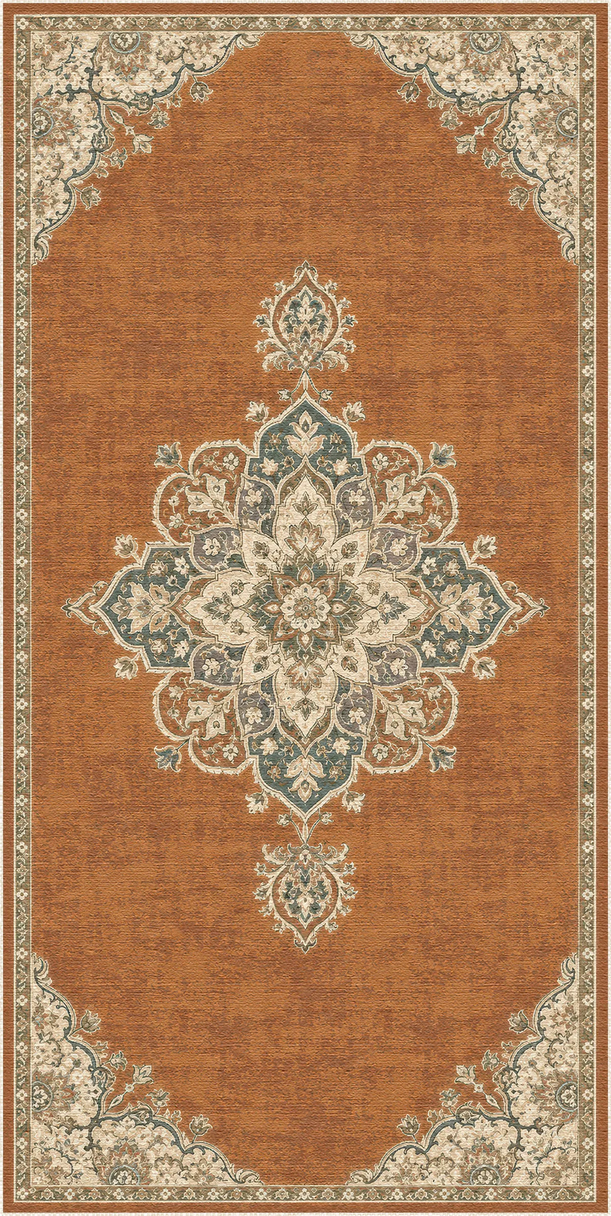 An area rug with a traditional medallion pattern, featuring a warm rust-orange center field, beige corners, and a central medallion in muted teal and cream.