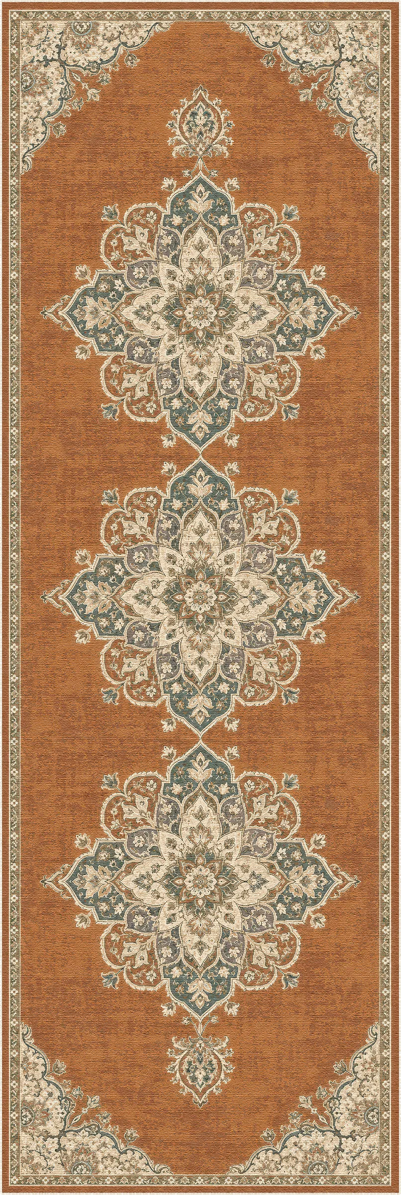 An area rug with a traditional Persian-style design, featuring three large central medallions and ornate corner details. The dominant color is a warm rust-orange, with intricate patterns in cream, beige, and muted blue-gray.