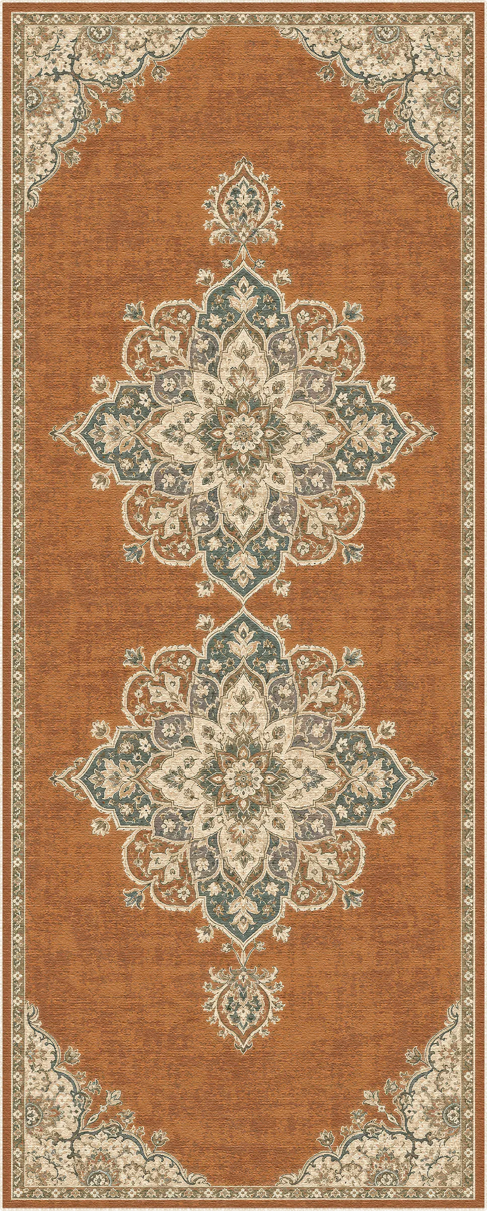 An area rug with a traditional oriental design, featuring a warm rust-orange background, two large central medallions in muted teal and cream, and ornate corner details.