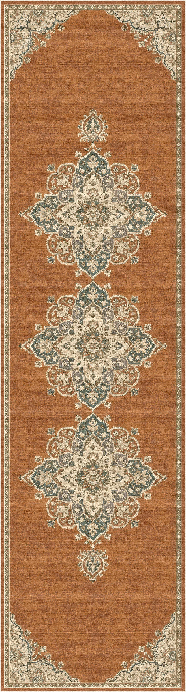 An area rug with a traditional oriental design, featuring three large central medallions and ornate corner details. The dominant color is a warm rust-orange, with intricate patterns in cream, beige, and muted teal blue.