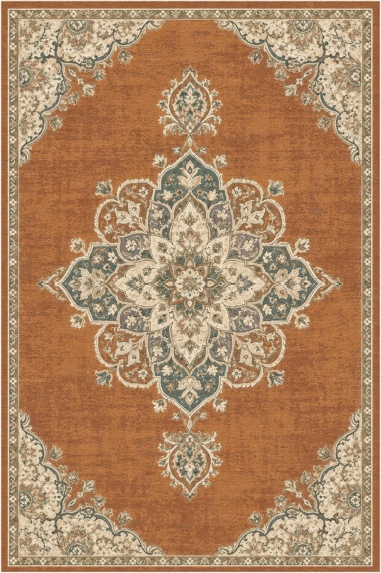area rug with terracotta background and intricate floral medallion pattern in beige blue and green