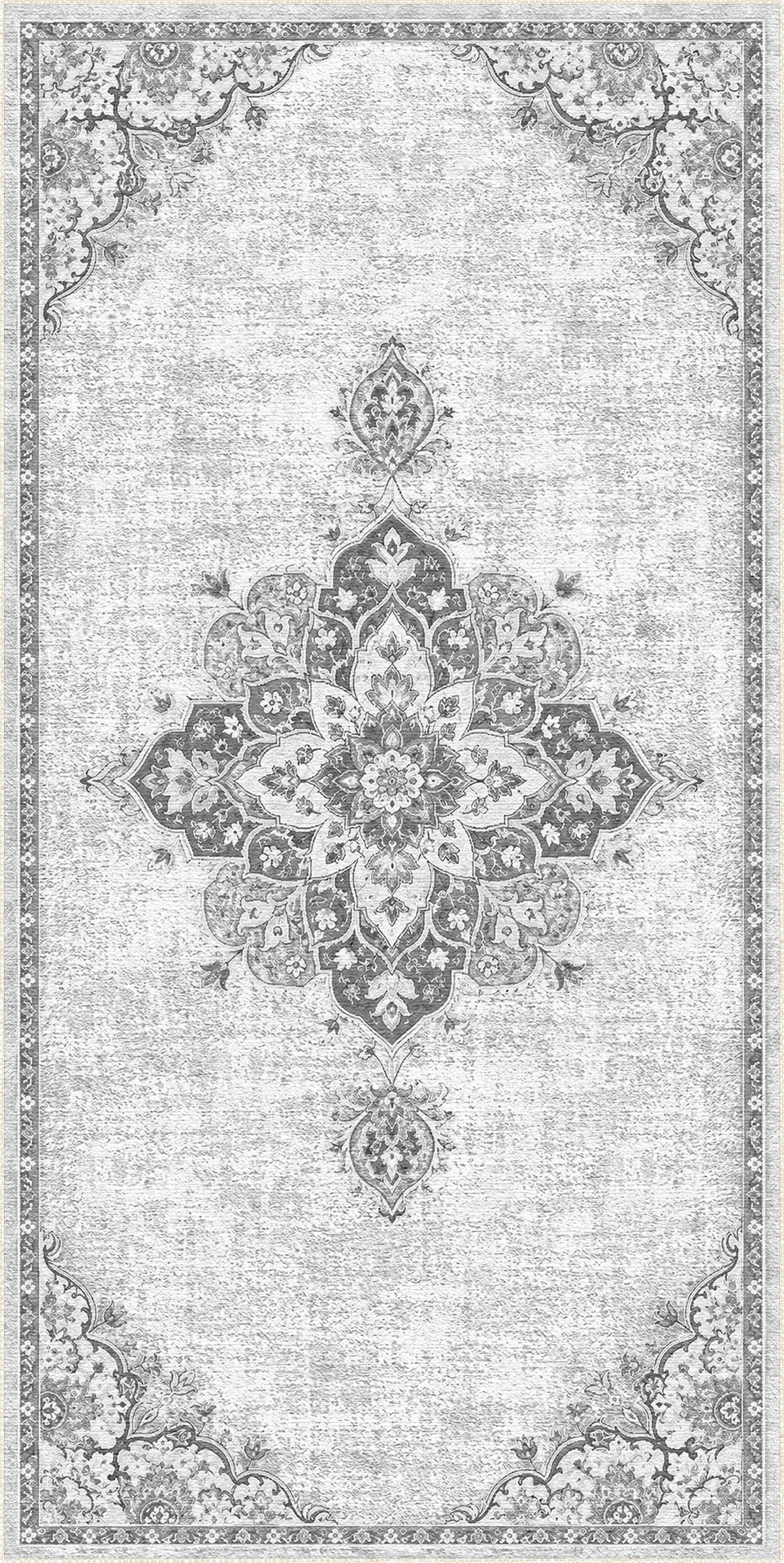 A square area rug with a distressed, vintage-style traditional pattern in shades of gray, beige, and off-white. The rug features a large central medallion, ornate corner flourishes, and a detailed border.