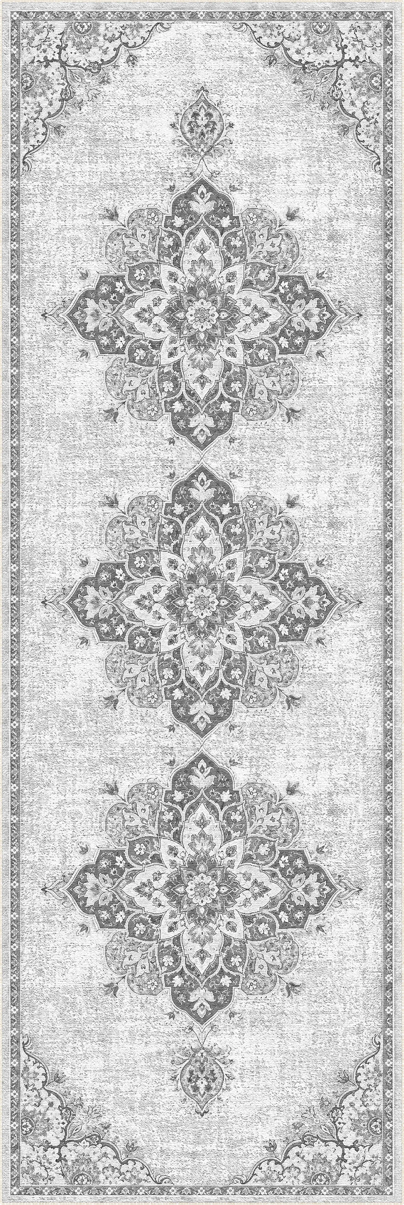 A rectangular area rug with a distressed, vintage-style pattern featuring three large central medallions and ornate corner details in shades of gray and off-white.