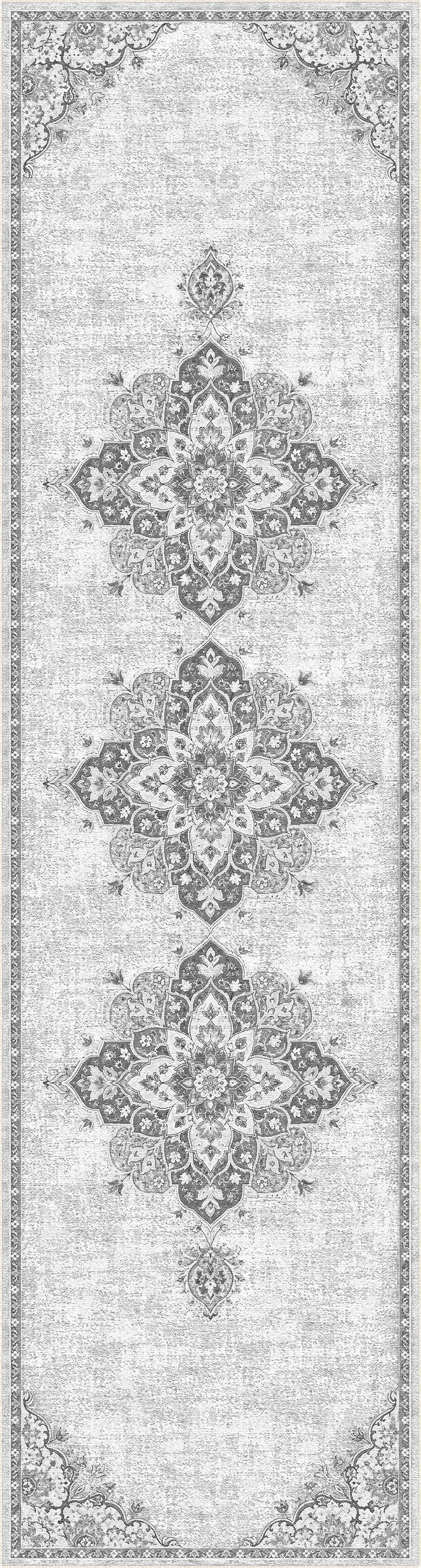 A long rectangular area rug shown flat against a white background, featuring a distressed traditional design with three large central medallions and ornate corner motifs in light gray and off-white.