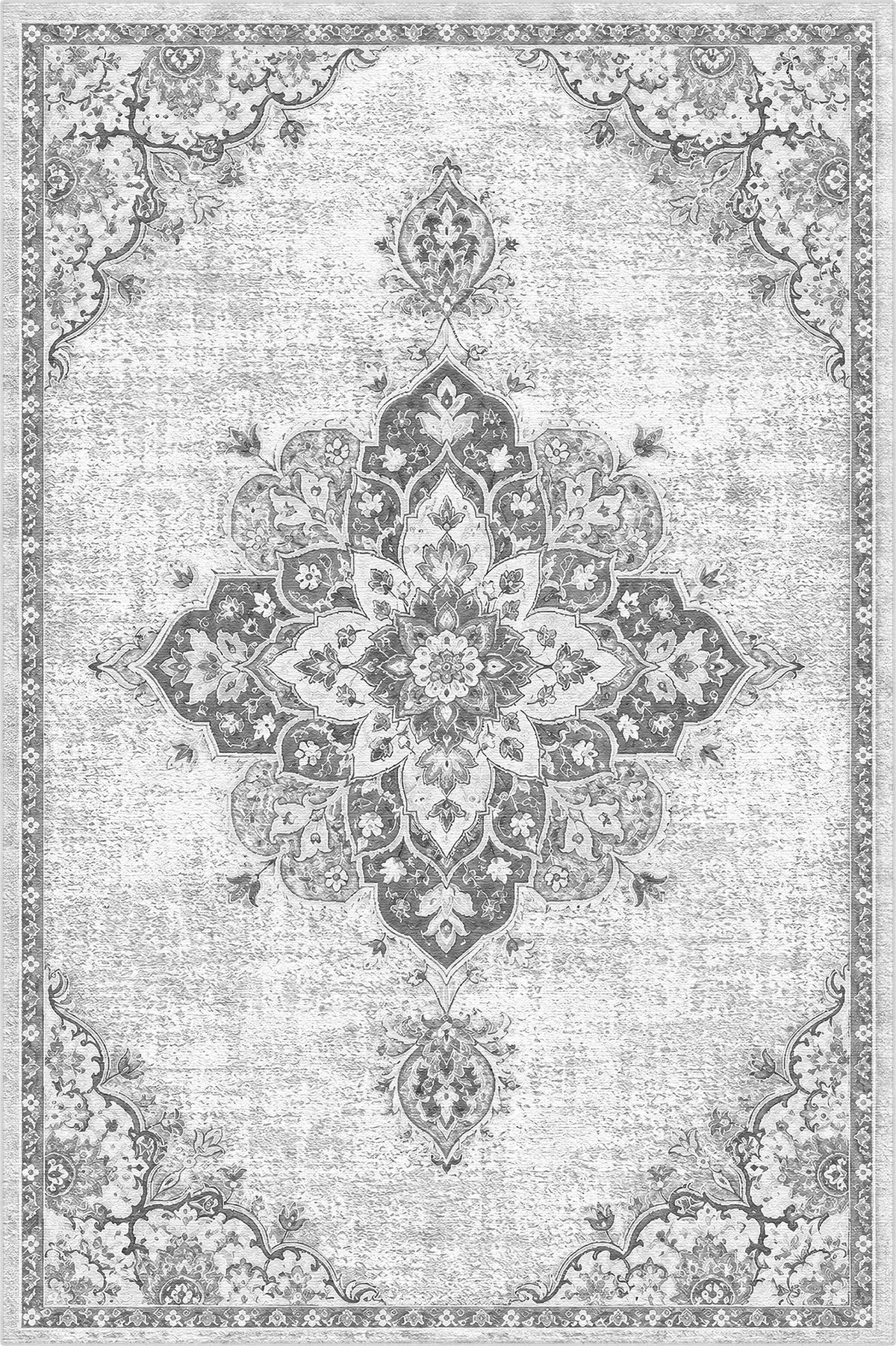 white area rug with black traditional floral medallion and border pattern