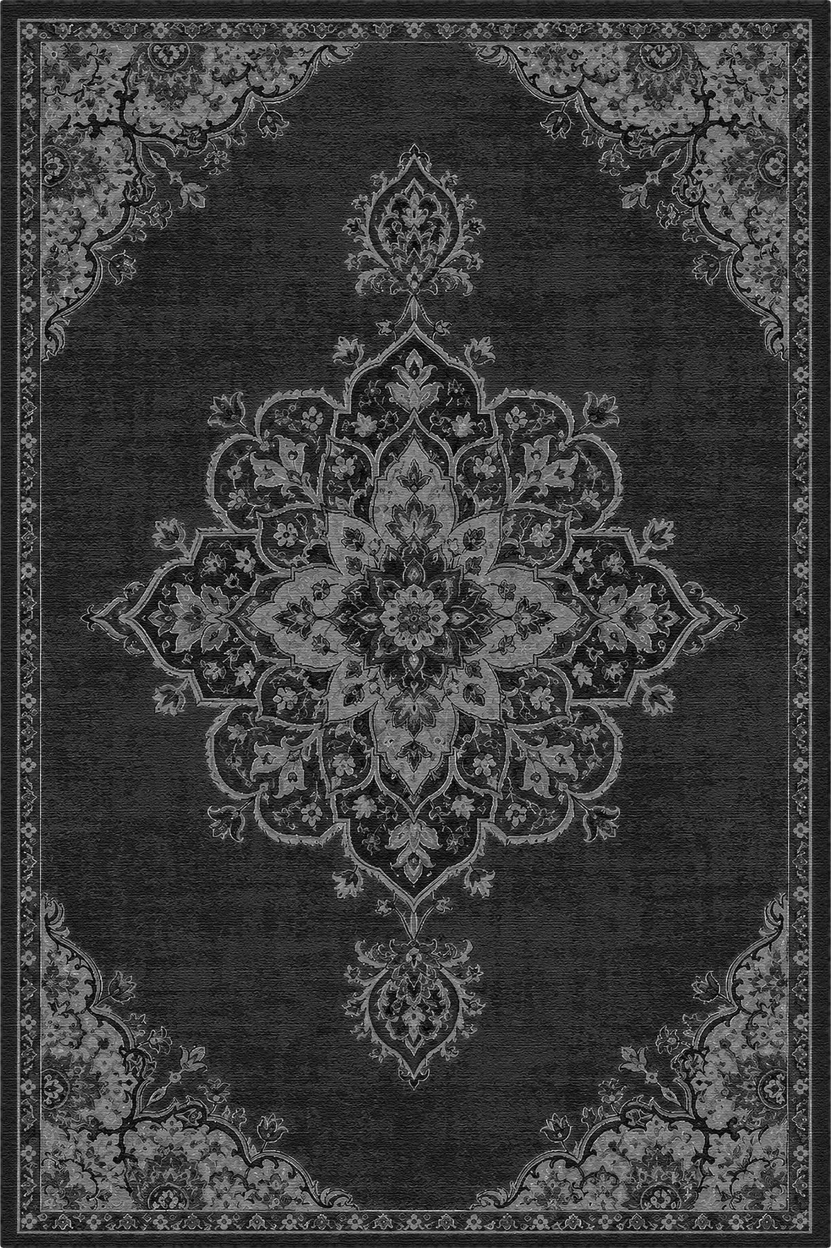 black area rug with dark floral medallion and border pattern