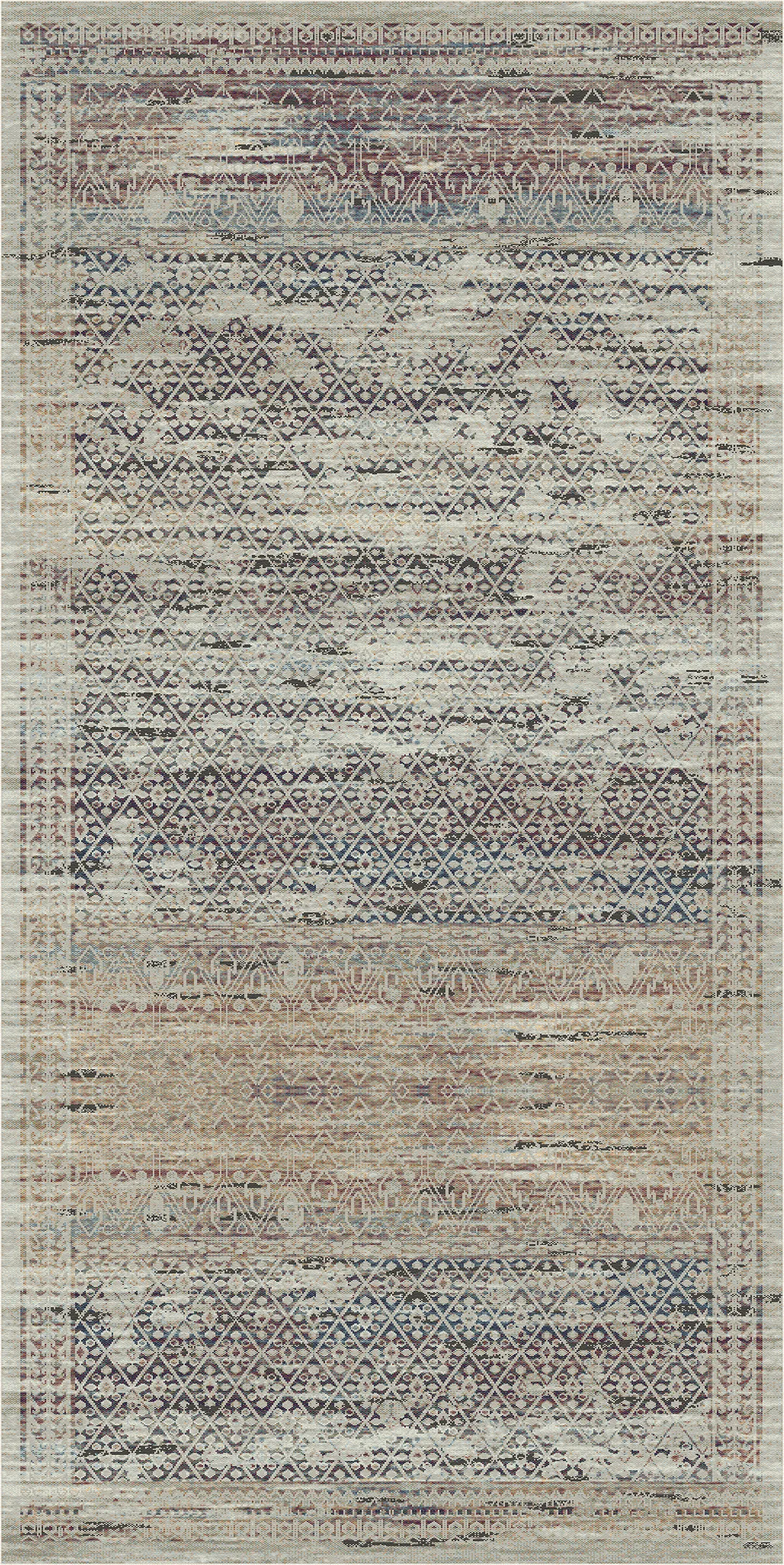 A rectangular area rug with a distressed, vintage-style geometric pattern in muted tones of beige, blue, gray, and brown.