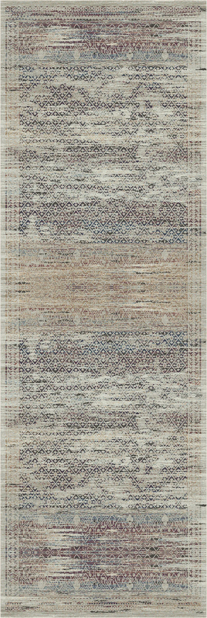 A rectangular area rug with a distressed, vintage-style pattern in muted tones of beige, gray, blue, and brown.