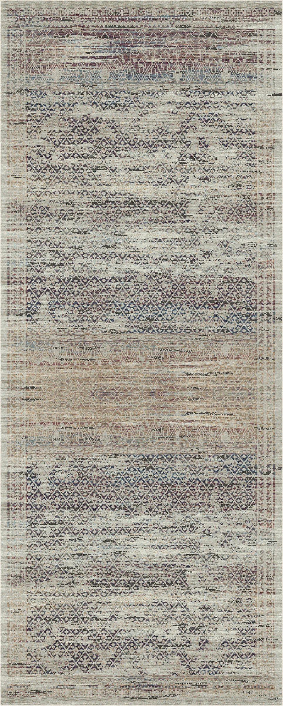 A rectangular area rug with an abstract distressed pattern in muted beige, gray, blue, and brown tones.