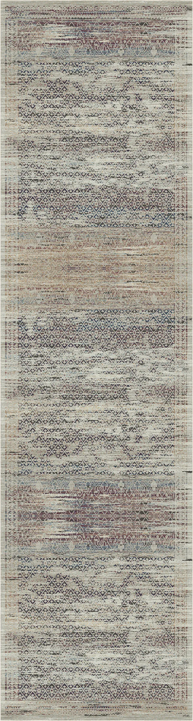 A rectangular area rug with a distressed, textured pattern in muted tones of beige, gray, blue, and brown.