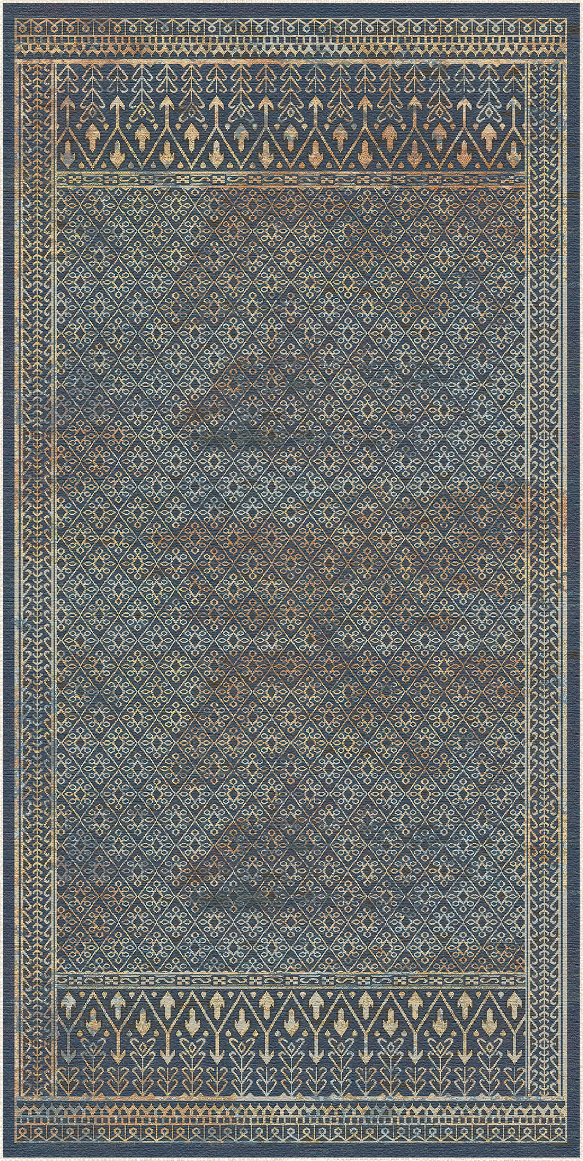 A rectangular area rug with a distressed traditional pattern in slate blue, navy, and beige, featuring a central field and ornate geometric borders.