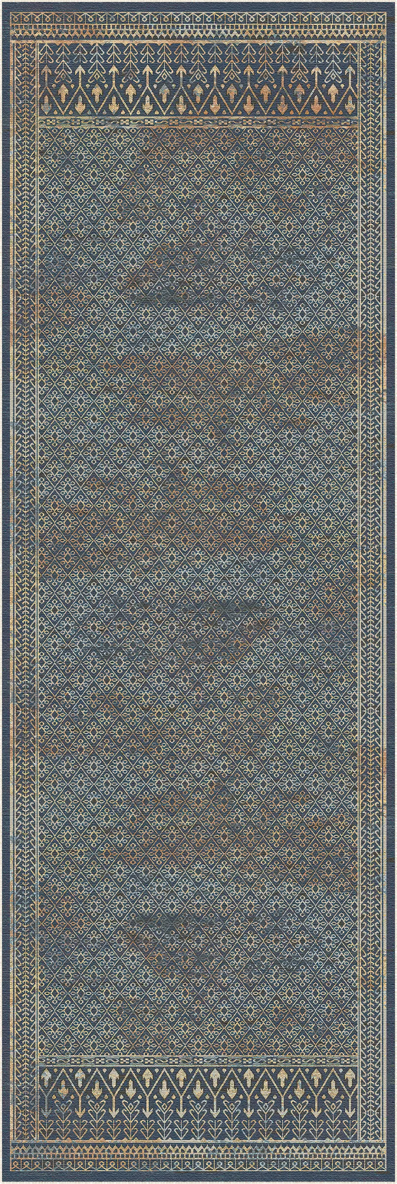 A rectangular area rug with a distressed traditional pattern in slate blue, brown, and beige tones, featuring a central field and geometric borders.