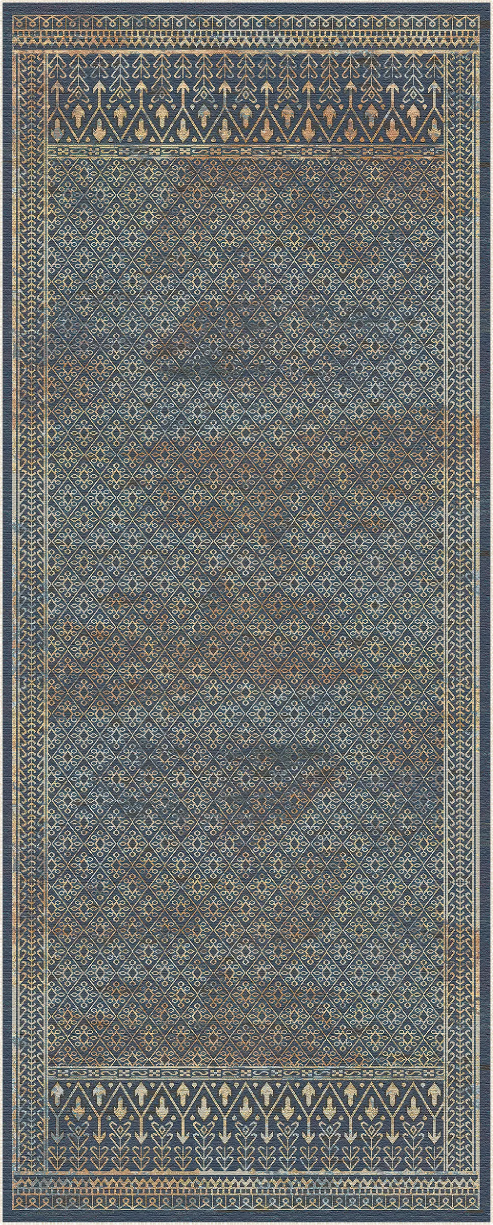 A rectangular area rug with an intricate geometric and floral pattern in shades of slate blue, teal, brown, and beige, featuring decorative borders at the top and bottom.