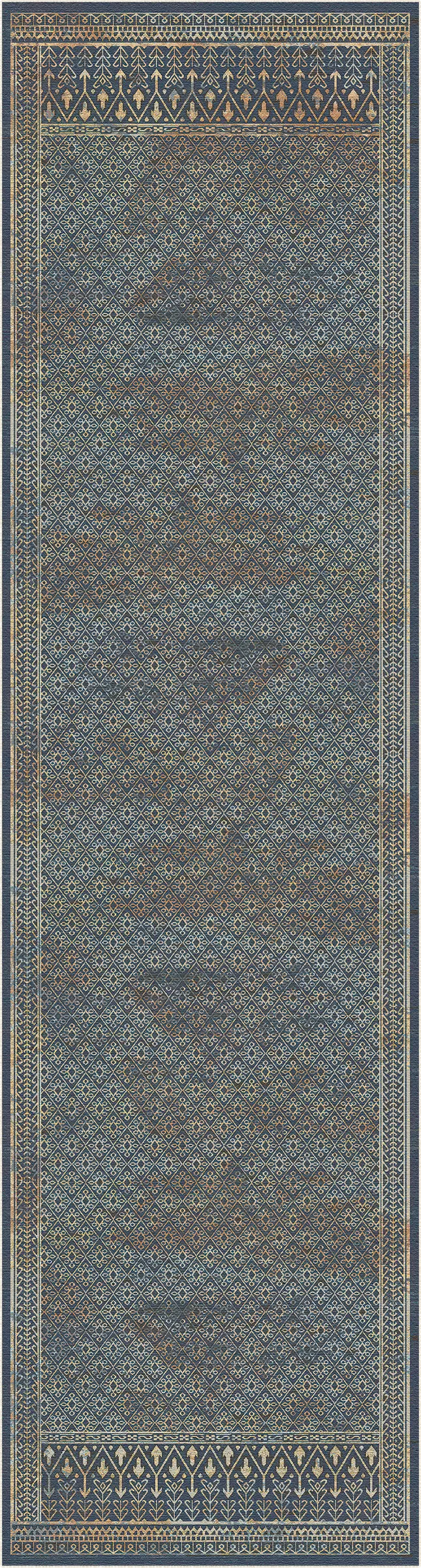A long rectangular area rug with an intricate traditional pattern in muted blue, gray, brown, and beige tones, featuring decorative borders at the top and bottom.