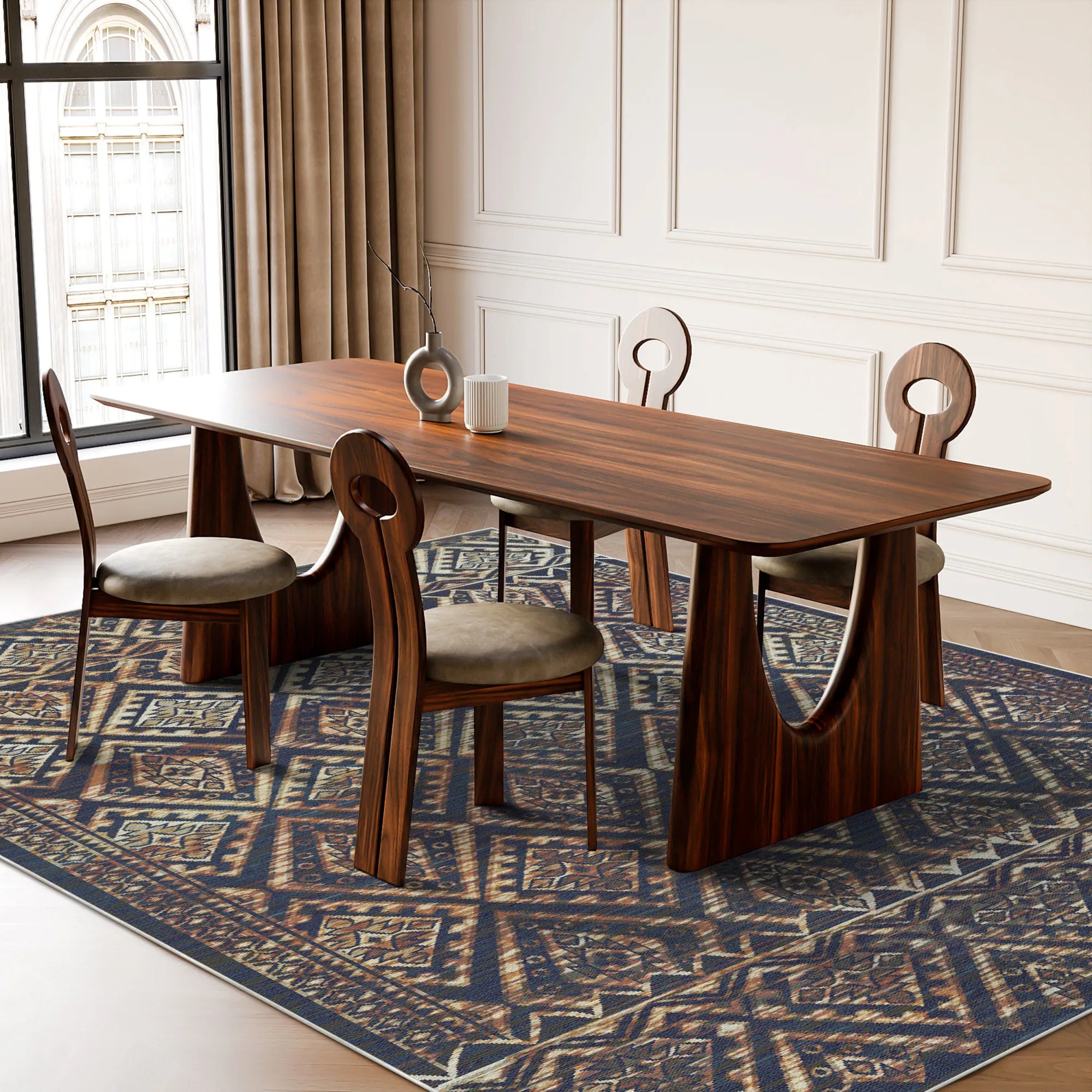 Ravello Navy Distressed Diamond Washable Rug