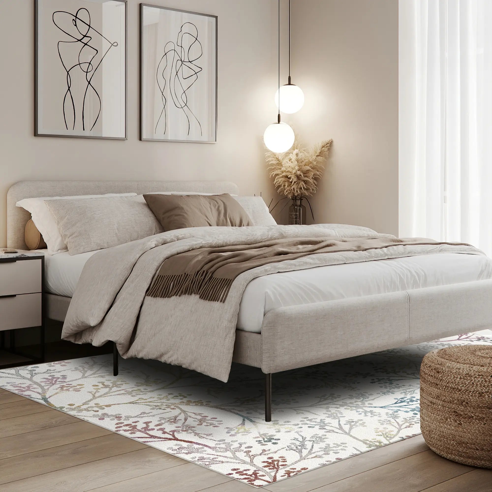 White Pastel Botanical Sprig Rug