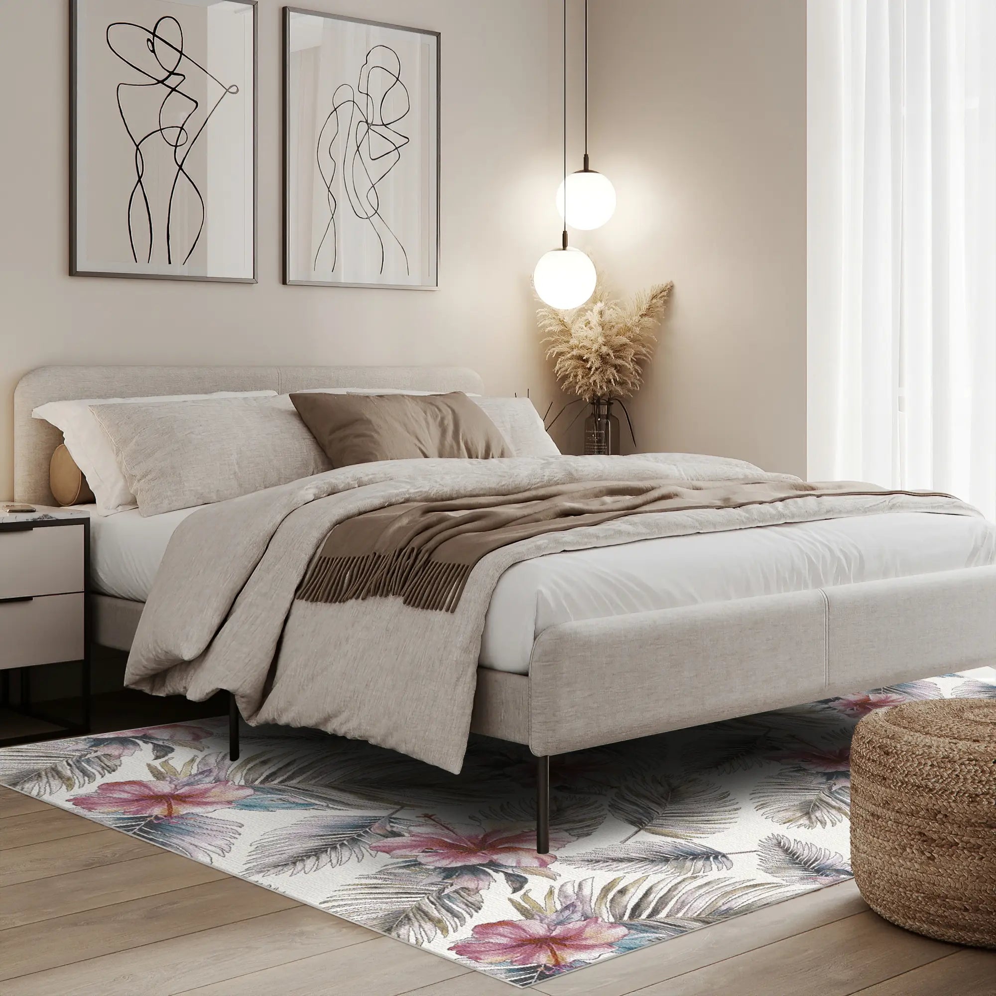 White Tropical Hibiscus and Palm Leaf Rug