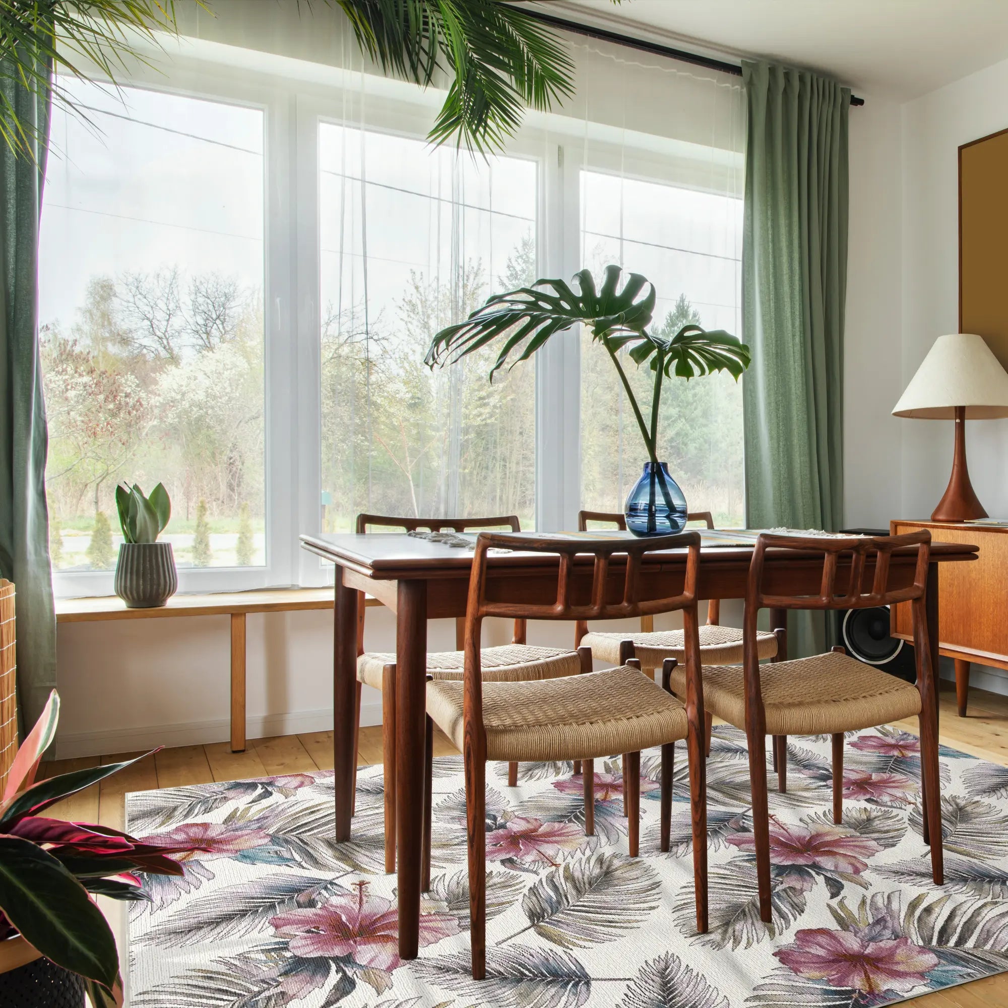 White Tropical Hibiscus and Palm Leaf Rug