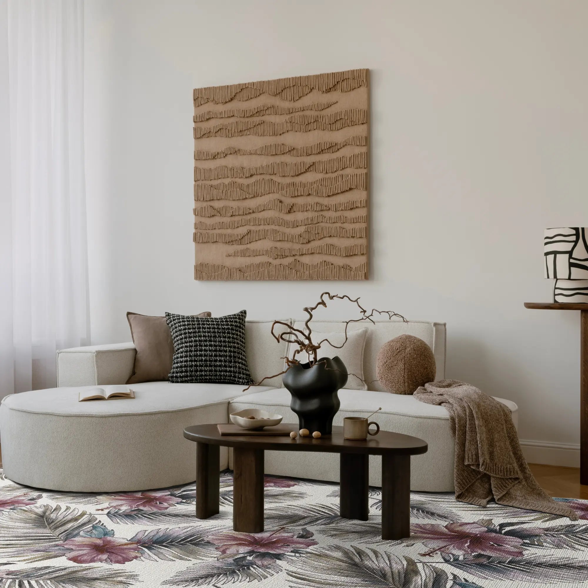 White Tropical Hibiscus and Palm Leaf Rug
