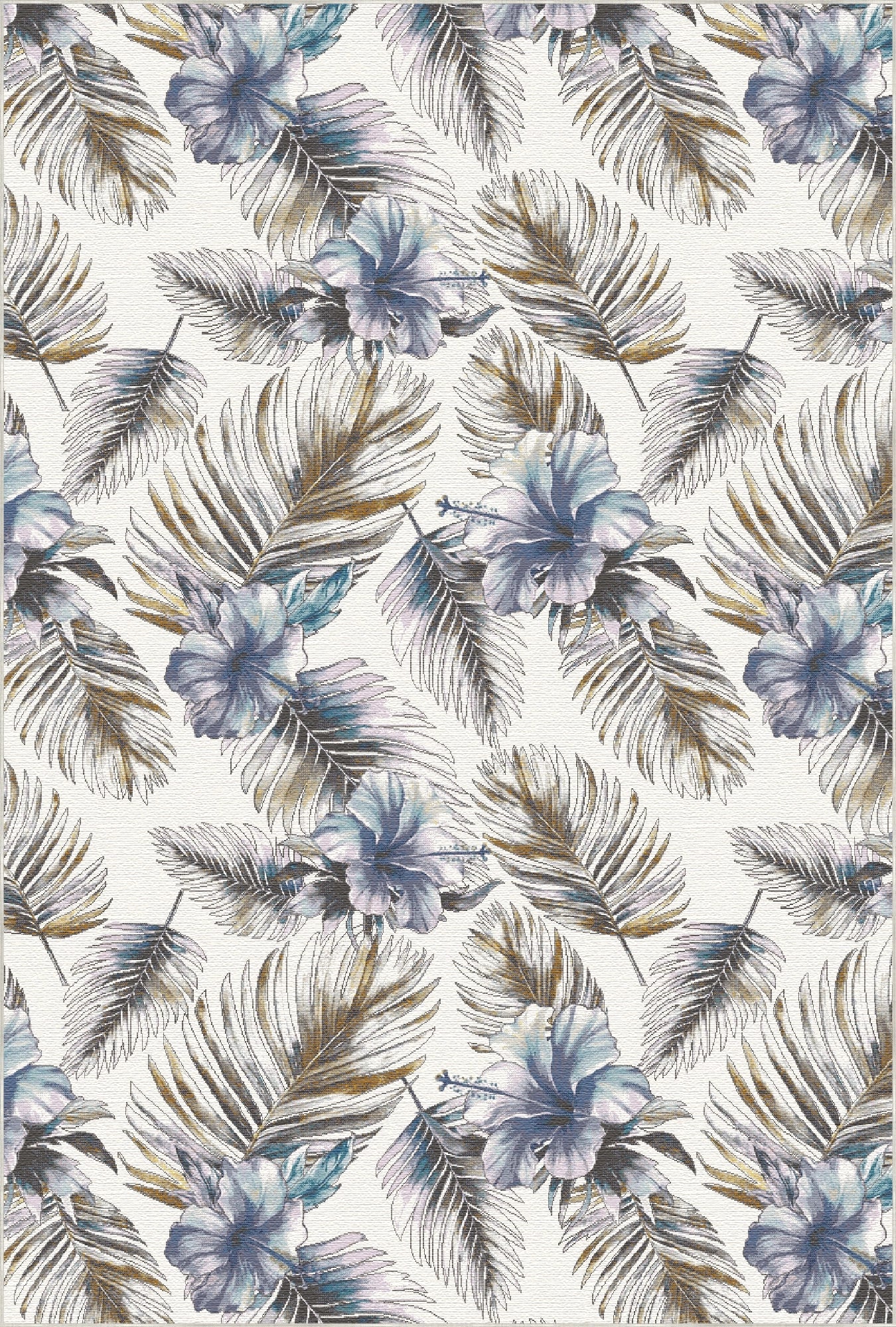 Blue Tropical Hibiscus and Golden Palm Rug