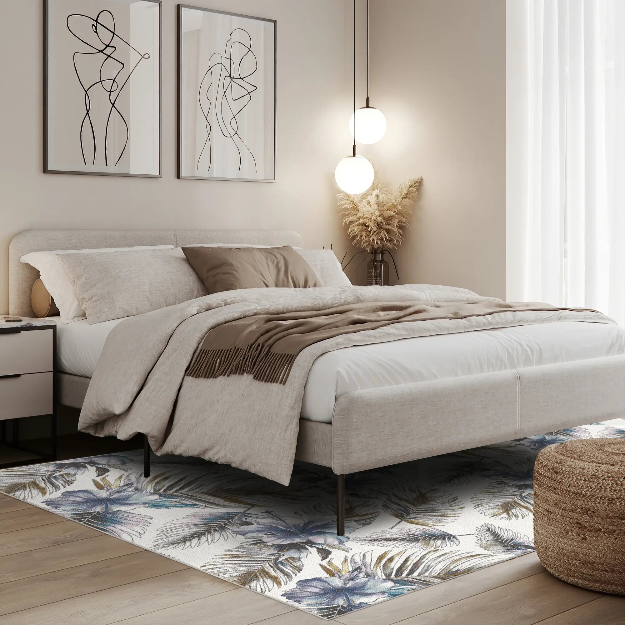 Blue Tropical Hibiscus and Golden Palm Rug