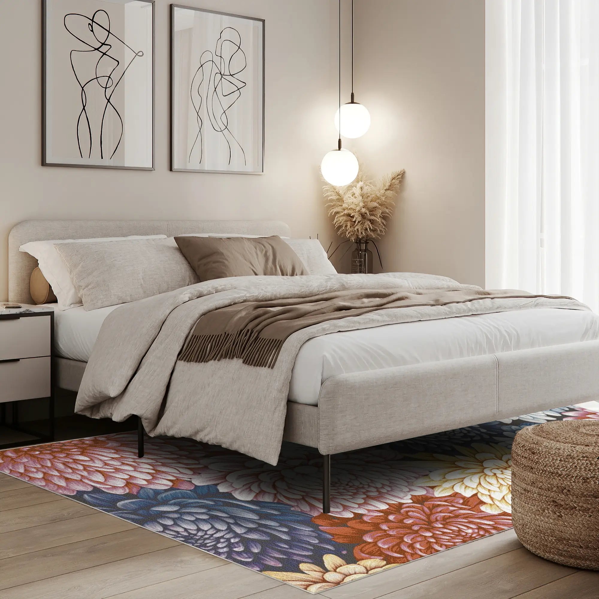 Obsidian Bloom Chrysanthemum Rug