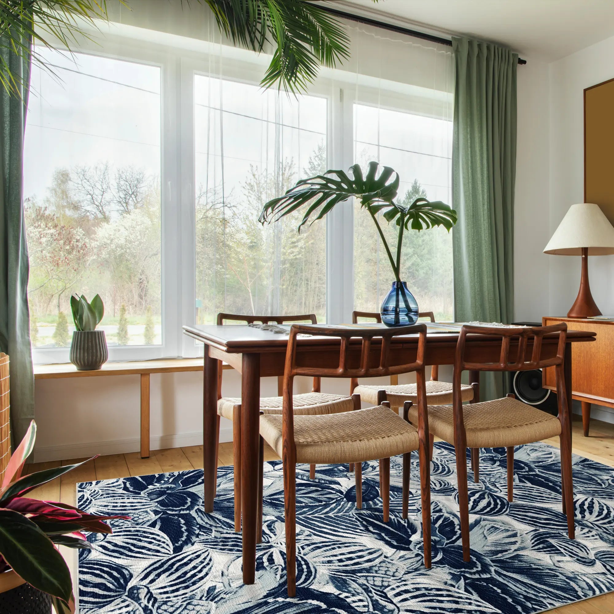 Indigo Tropical Leaf Botanical Rug