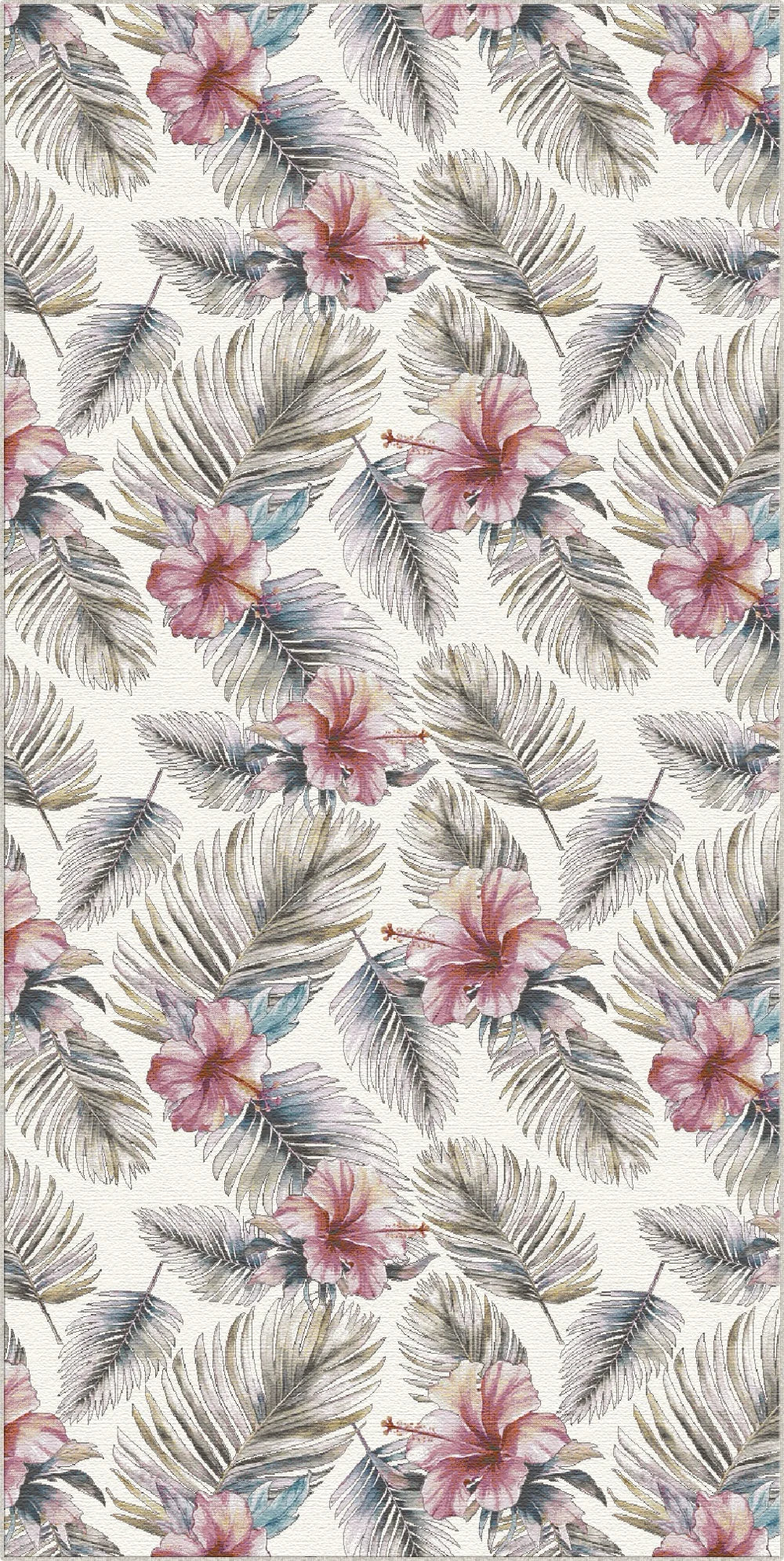 White Tropical Hibiscus and Palm Leaf Rug