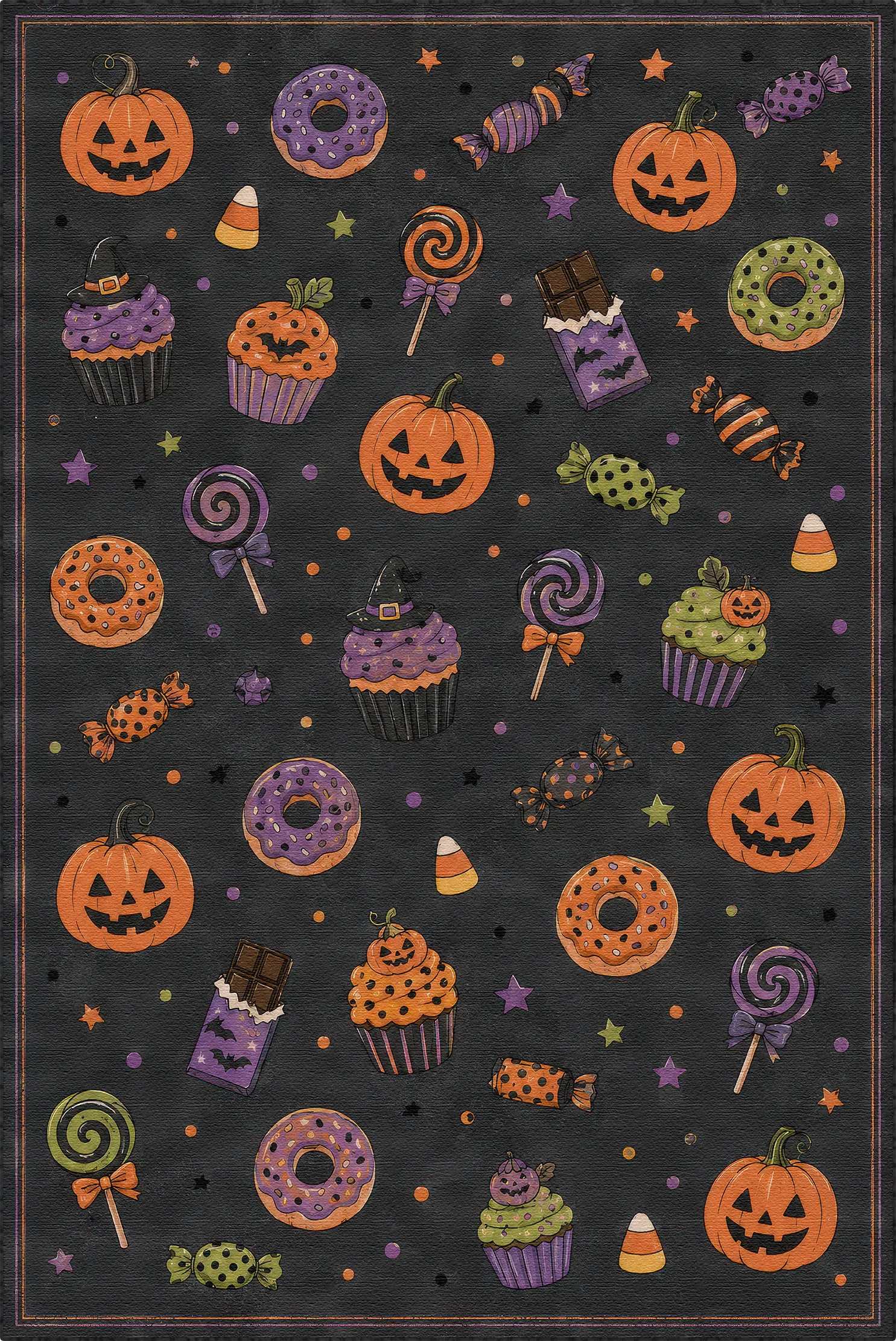 A Halloween-themed rug featuring orange jack-o'-lanterns, purple and green cupcakes, lollipops, candy corn, donuts, candy bars, and stars on a dark charcoal gray background.