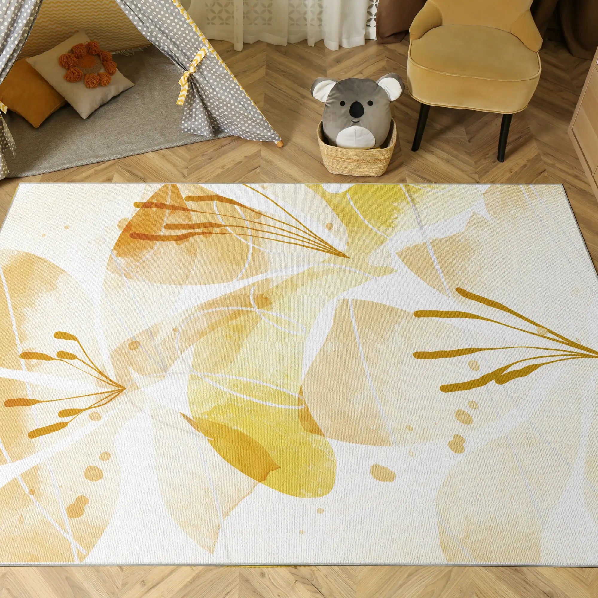 Golden Watercolor Floral Accent Rug