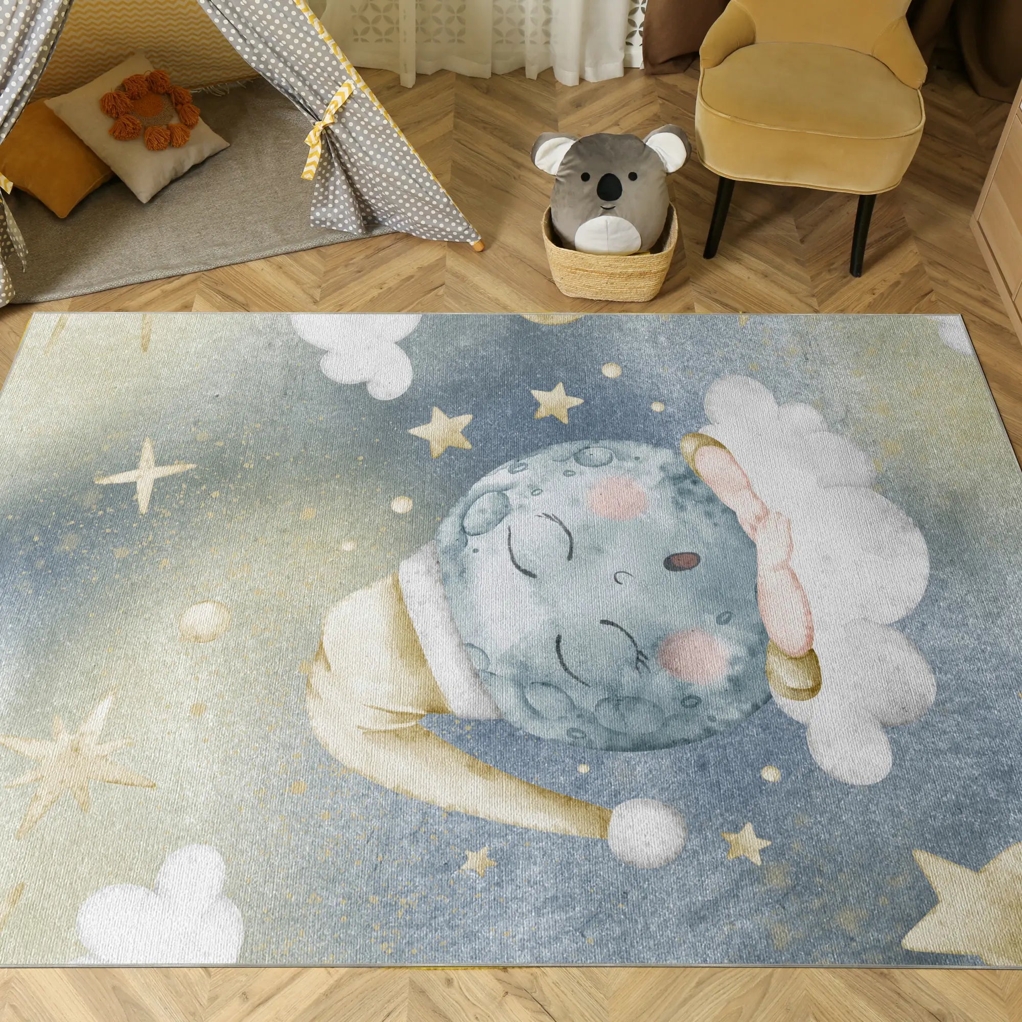 Watercolor Sleepy Moon Nursery Rug