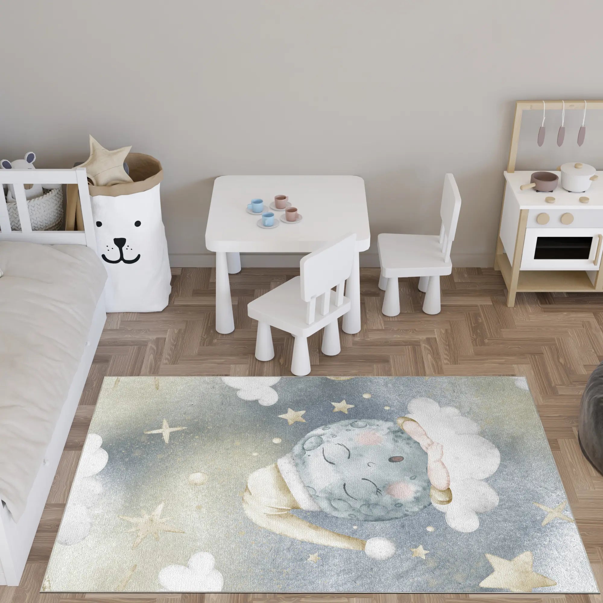 Watercolor Sleepy Moon Nursery Rug