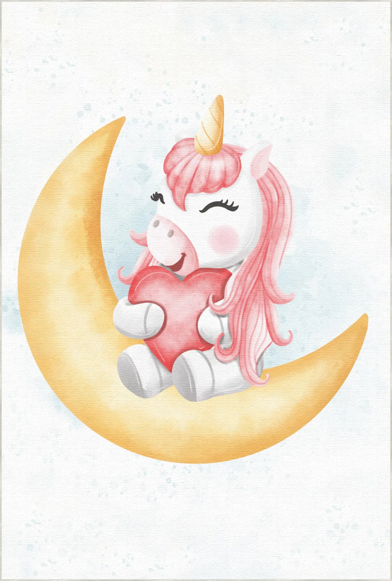 Unicorn with pink hair and heart sitting on a yellow crescent moon against a light blue background