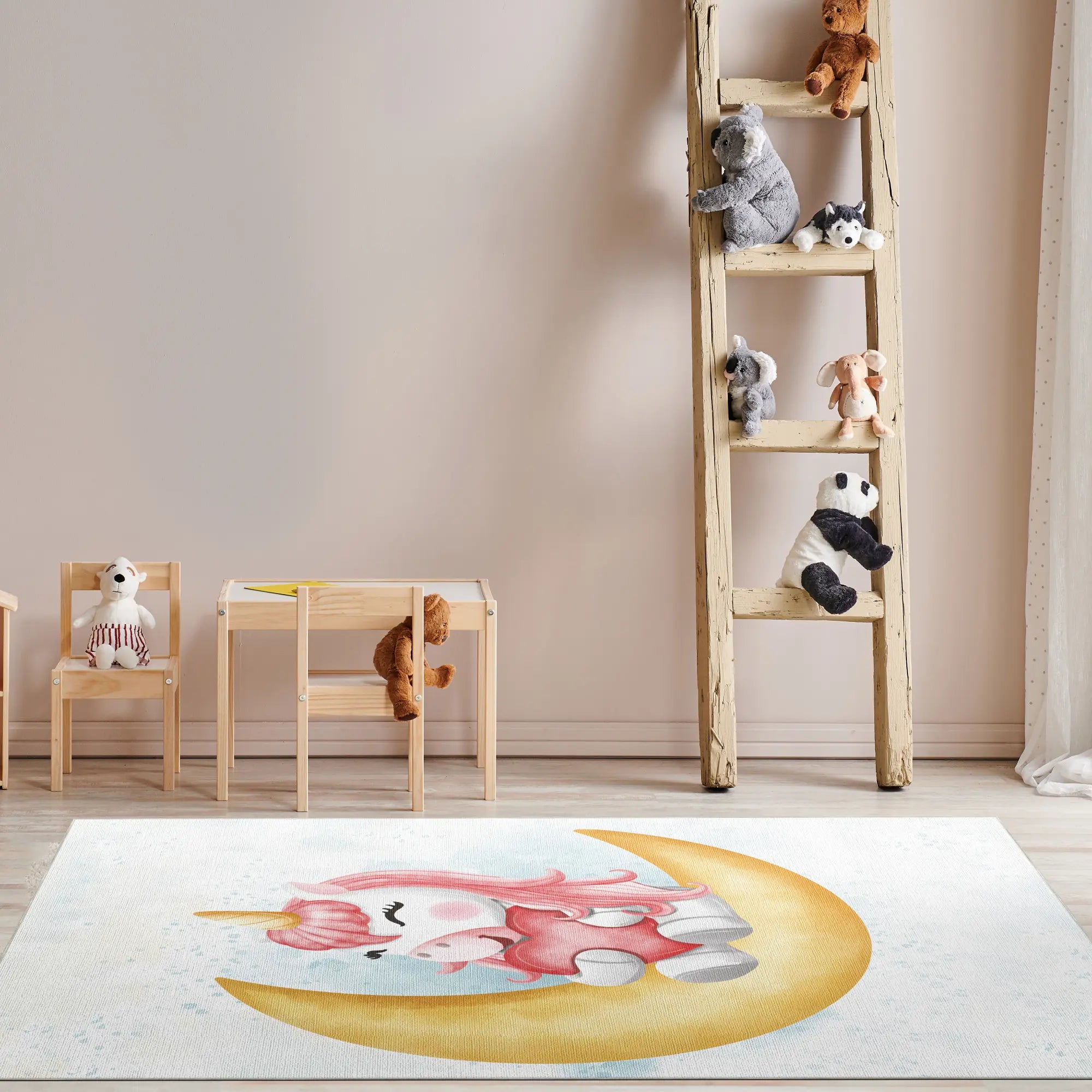 Children's room with wooden furniture, plush toys, and a colorful rug.