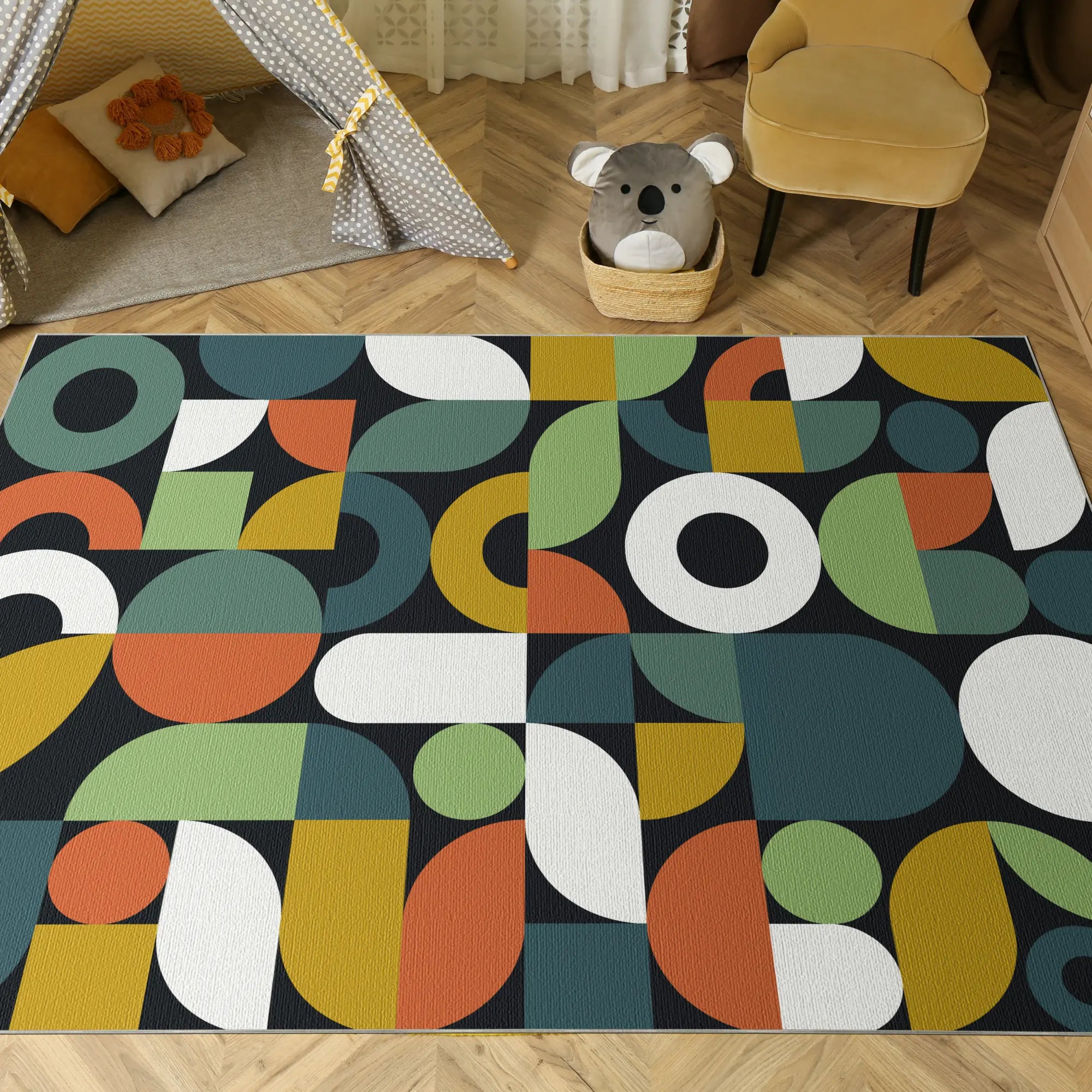 Black Retro Geometric Washable Rug