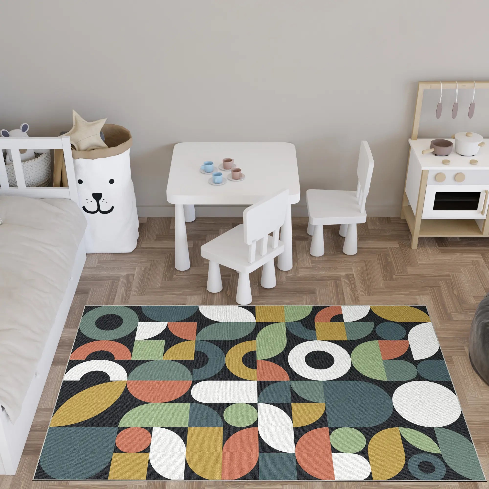 Black Retro Geometric Washable Rug