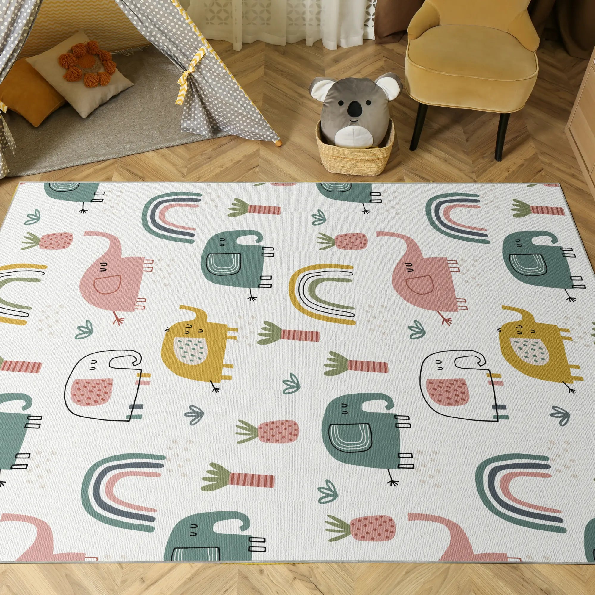 Washable Boho Elephant Nursery Rug