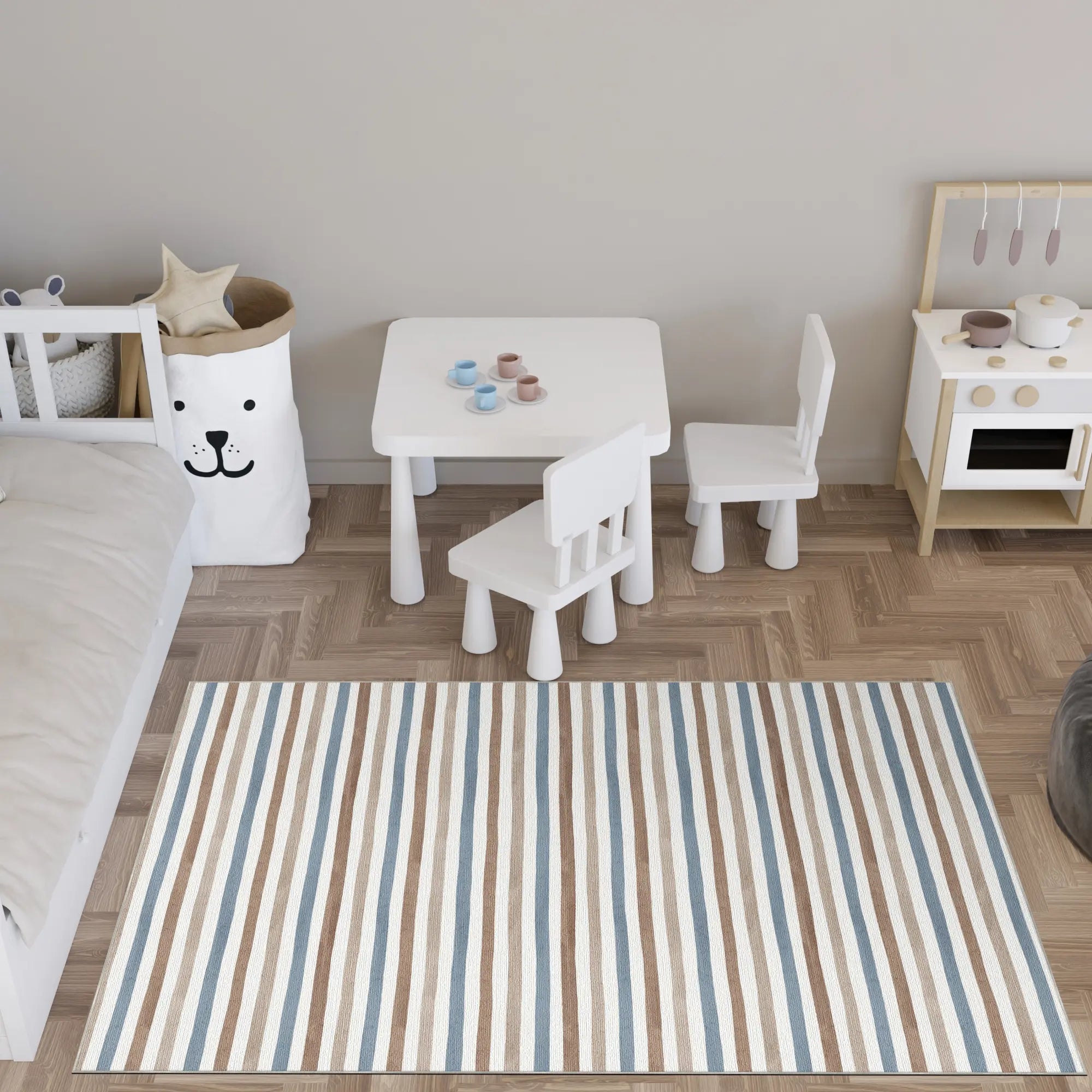 Washable Blue Striped Coastal Rug