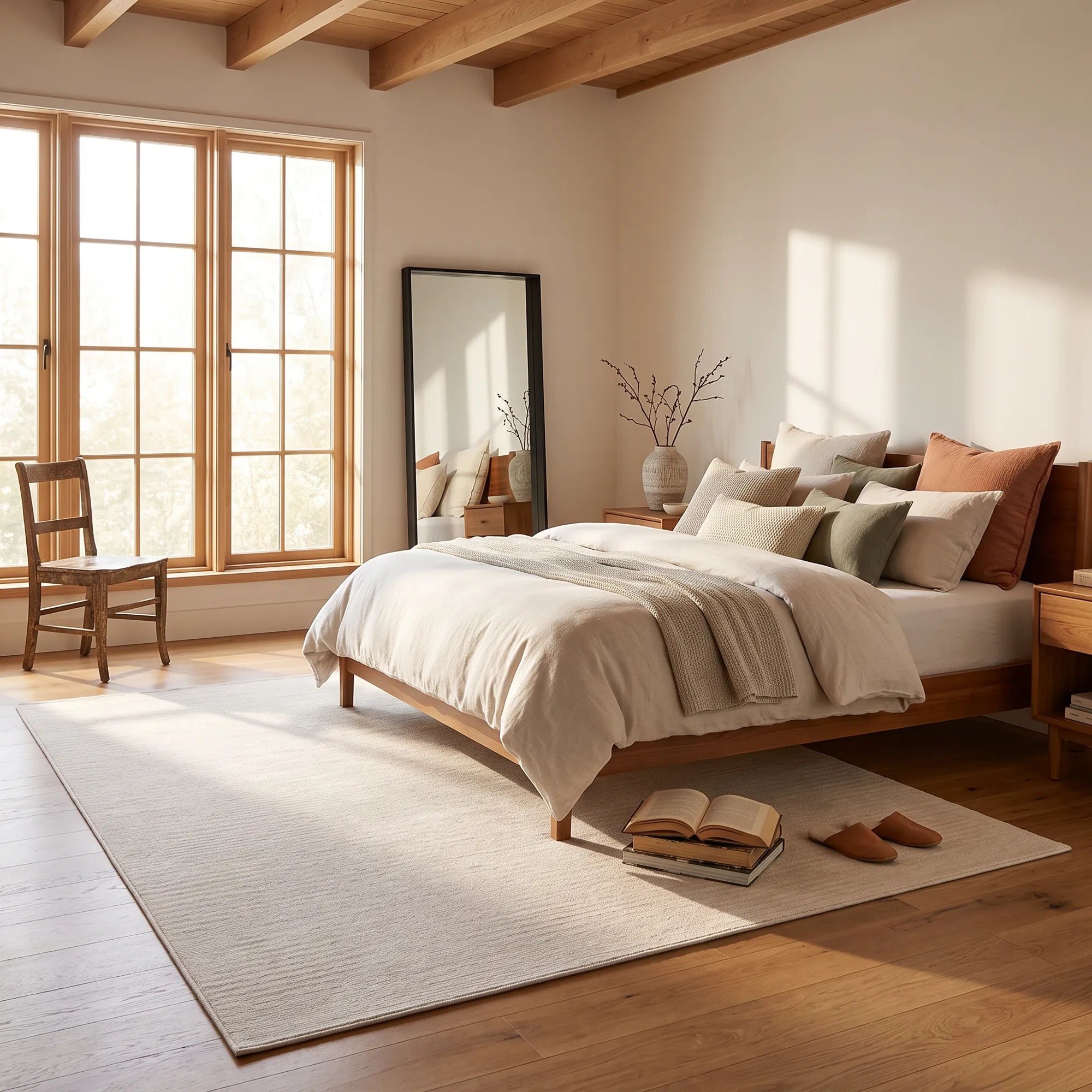 A styled bedroom interior with a wooden bed frame, cream bedding, multiple pillows, a large light rug, wood floor, window, chair, mirror, and exposed ceiling beams.