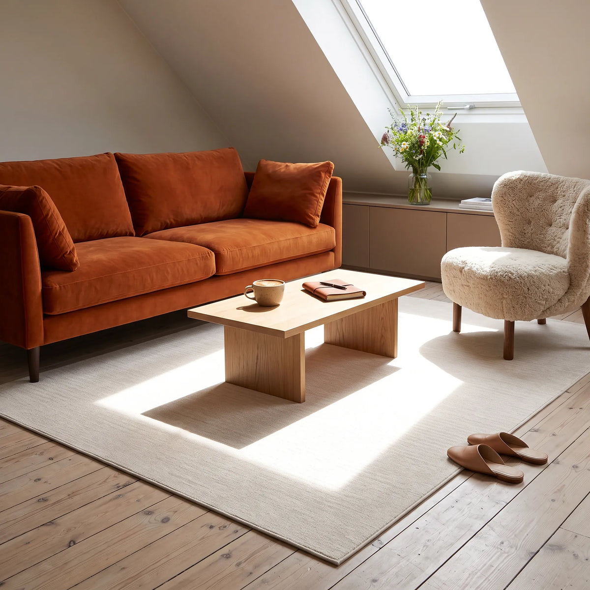 A styled living room scene with an orange-brown velvet sofa, a light wood coffee table, a cream bouclé armchair, a beige rug, and a sliver of attic window with daylight.