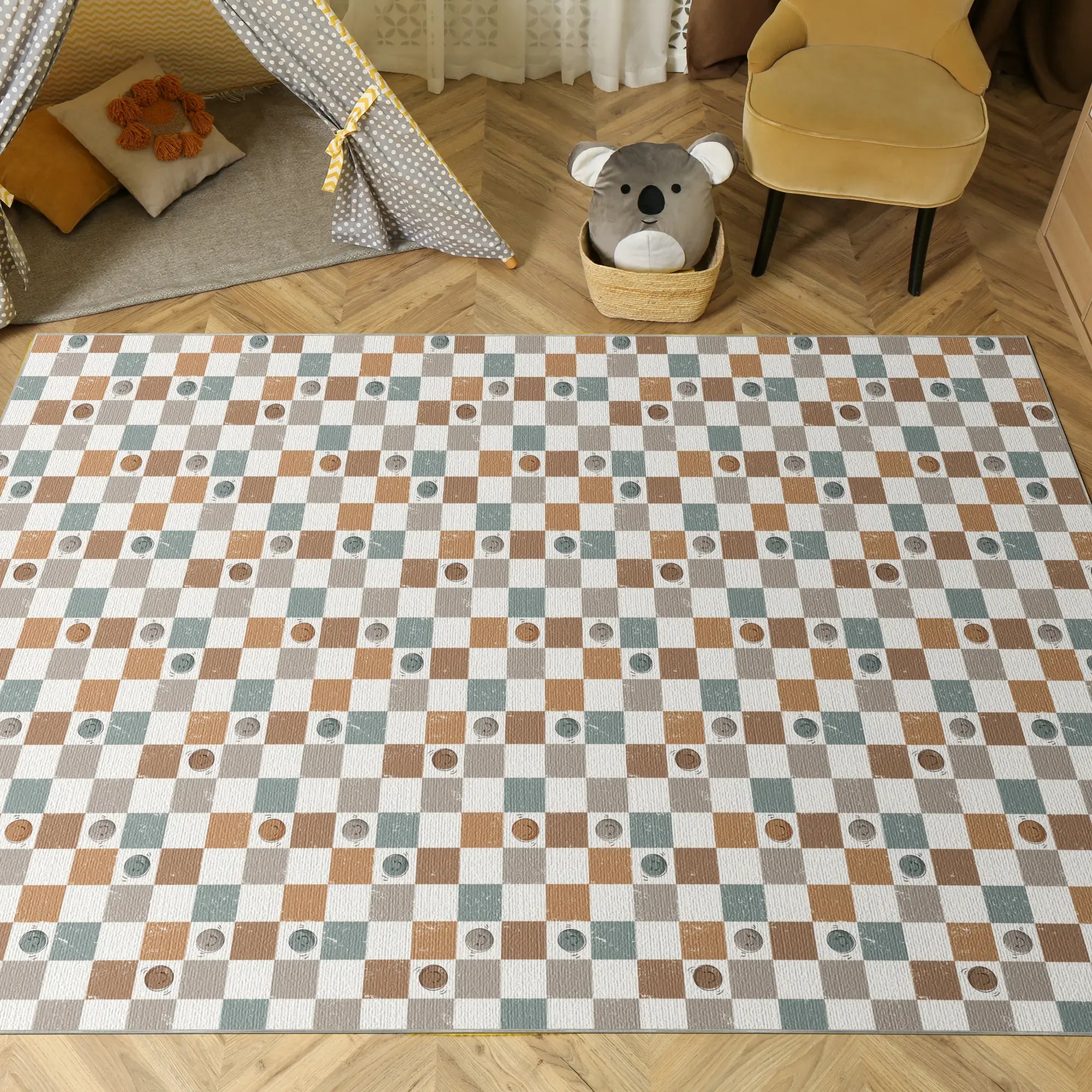 Washable Retro Checkered Smiley Rug