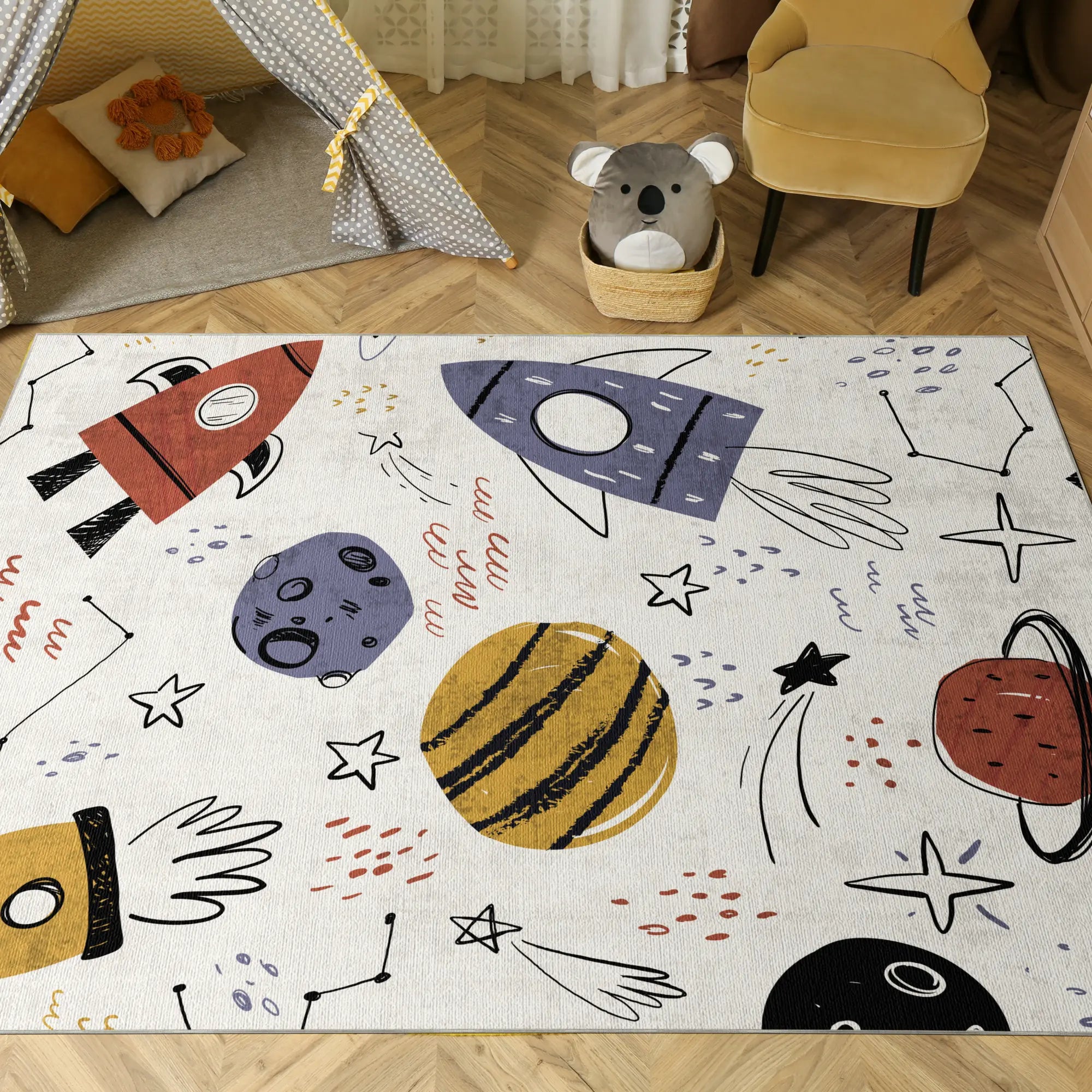 Space Rocket Doodle Kids Rug