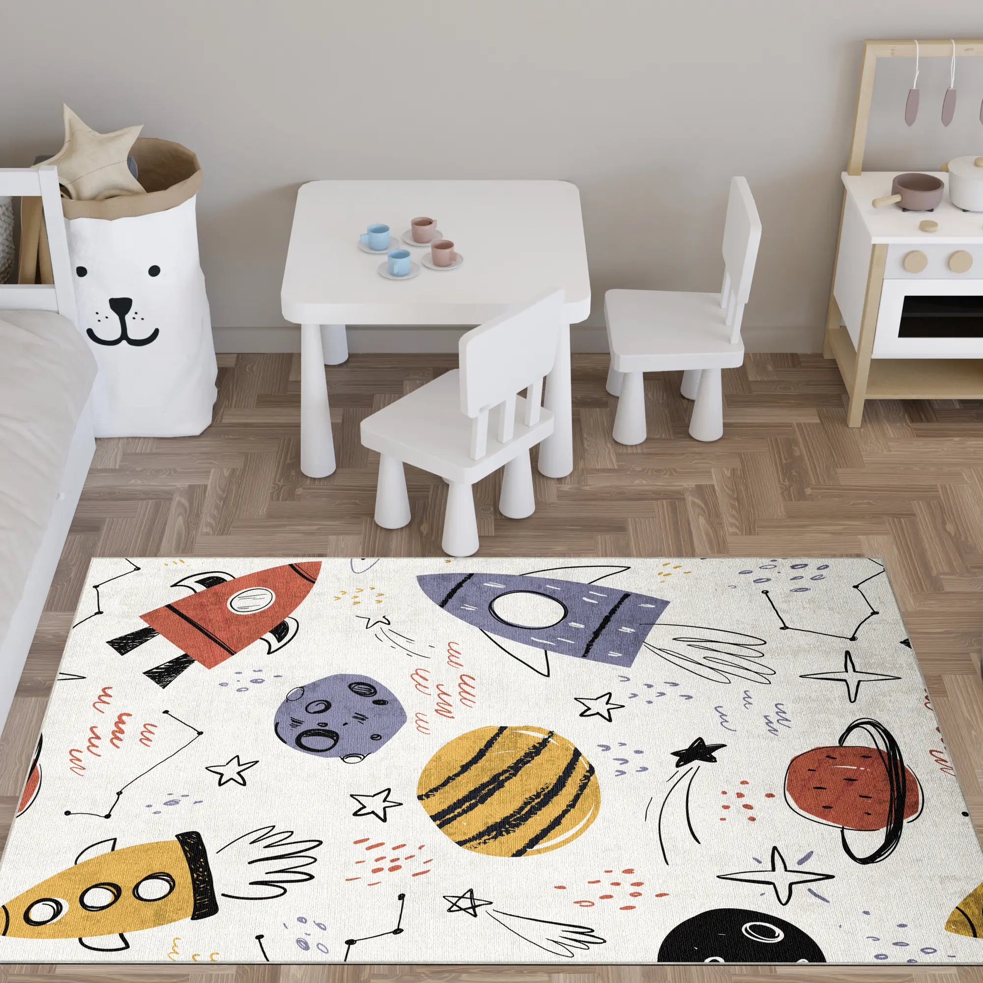 Space Rocket Doodle Kids Rug