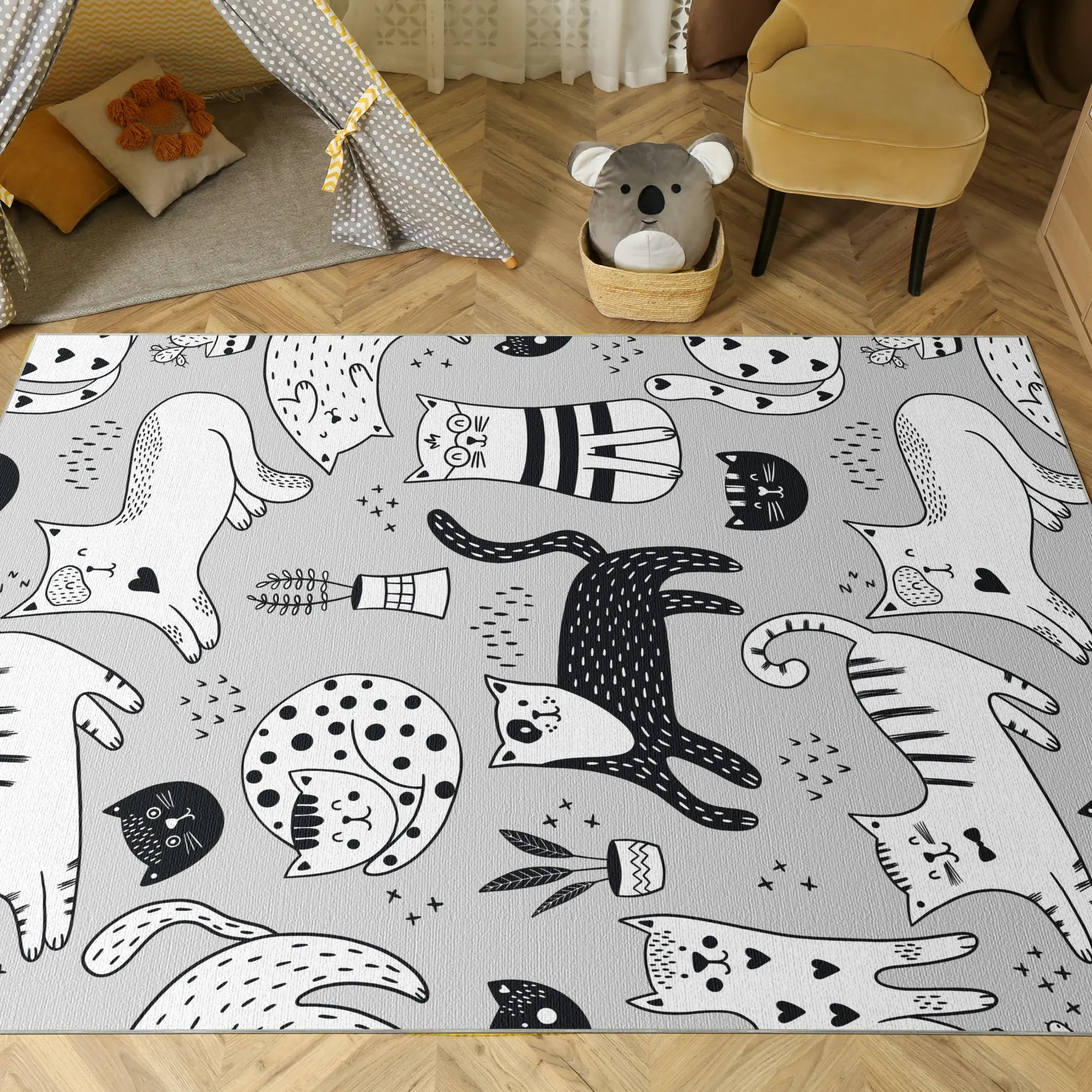 Washable Doodle Cat Play Rug
