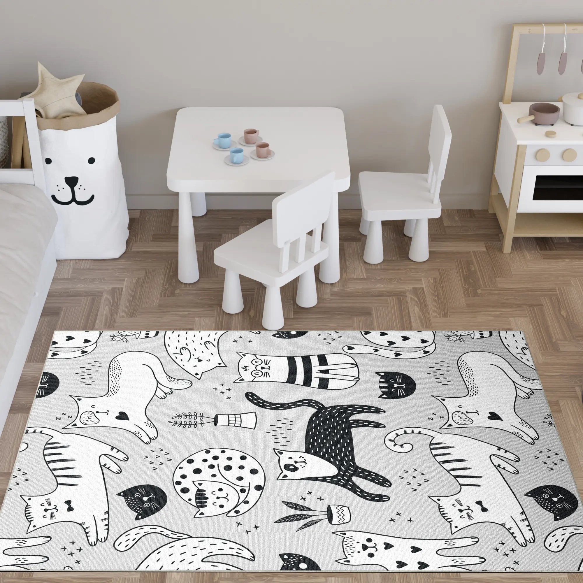 Washable Doodle Cat Play Rug