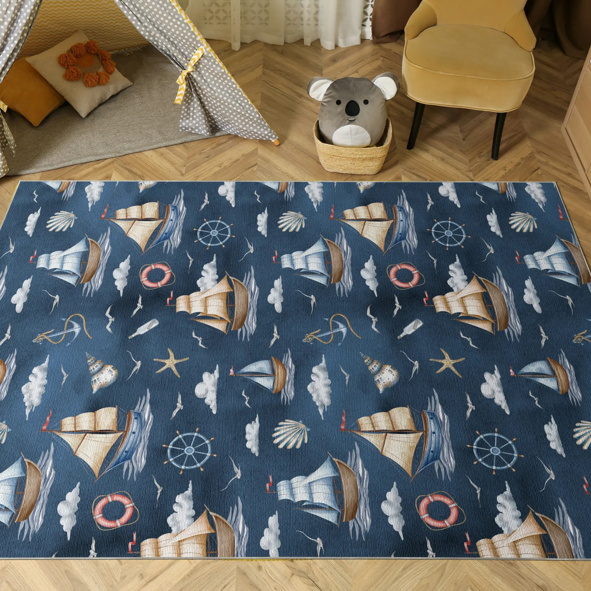 Watercolor Nautical Tall Ships Adventure Rug